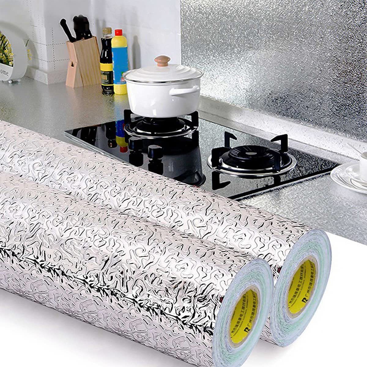 Bedee Dekorationsfolie 2Stück Aluminiumfolie Küchentapete 40x500cm  Selbstklebende Wasserdicht, Küchenherd Aufkleber für Küchen Arbeitsplatte  Küchenwand Küchenschrank