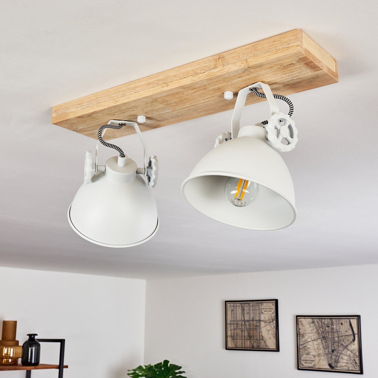 hofstein Deckenleuchte »Mot« Deckenlampe aus Metall/Holz in Weiß/Natur, ohne Leuchtmittel, mit verstellbaren Strahlern, 2xE14, Retro/Vinatge Design – Bild 5 von 5