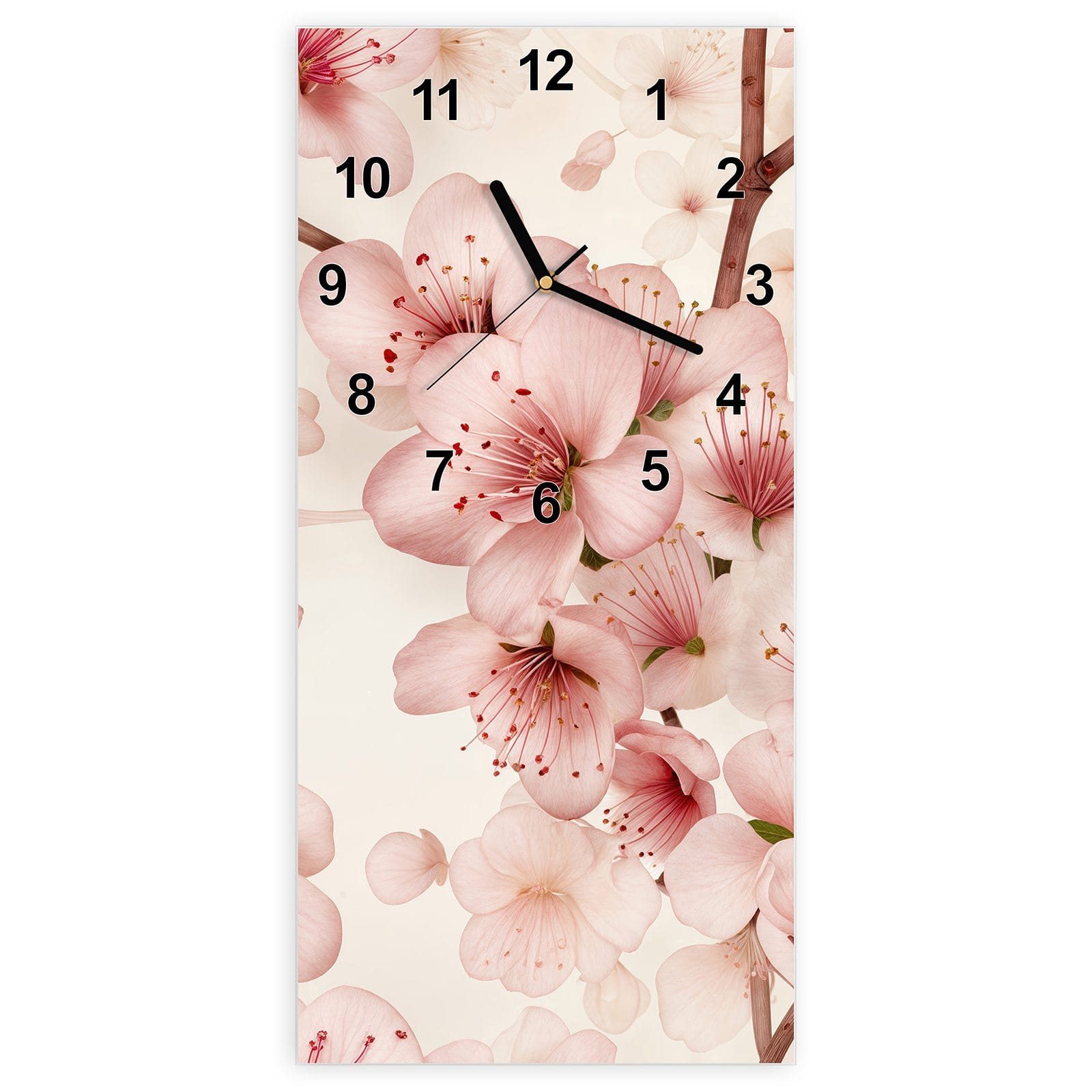 Wanduhr Glasuhr Wandkunst Größe 30 x 60 cm mit Motiv Kirschblüten