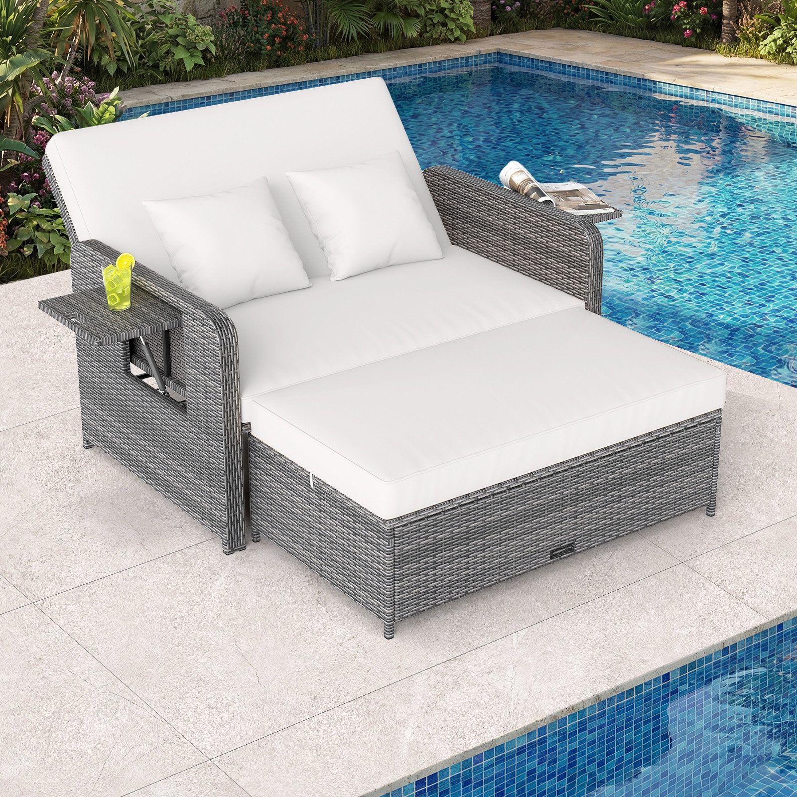 COSTWAY Loungebett, Gartenliege mit Auflage, verstellbarer Rückenlehne, Stauraum Rattan