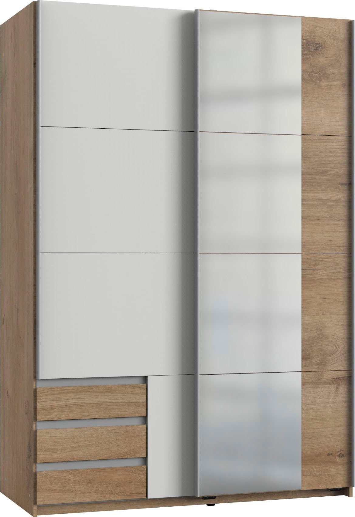 Wimex Schwebetürenschrank Emden (mit Schwebetüren, Schubladen, Einlegeböden, Kleiderstangen, 1-St., moderne Optik, mit Spiegel, alufabene Metallgriffleisten) 135x64x198cm plankeneiche weiß Spiegel
