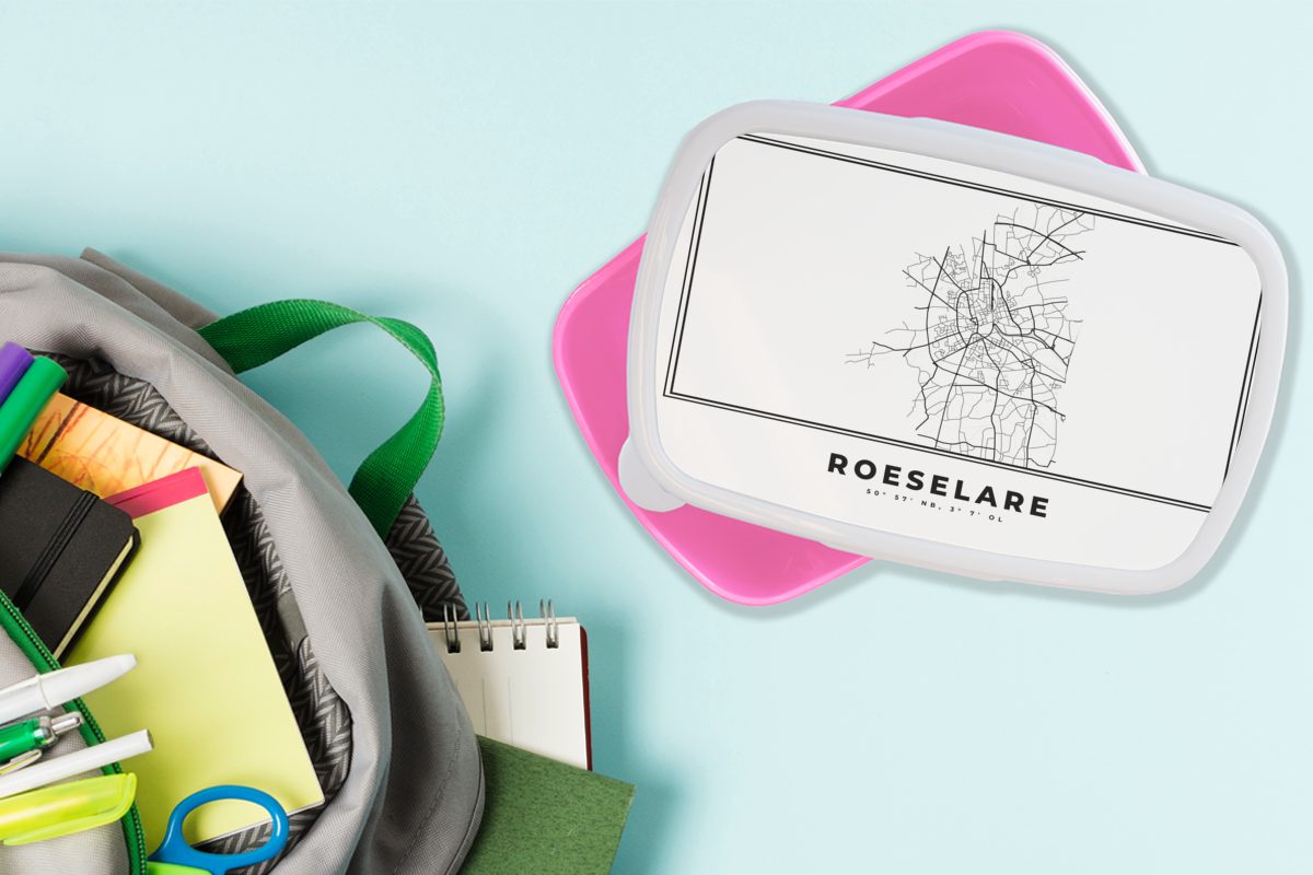 Kunststoff Brotbox - - Snackbox, Erwachsene, MuchoWow (2-tlg), Kunststoff, - für Lunchbox Belgien Roeselare Brotdose - Karte und Schwarz Stadtplan weiß, Mädchen, Kinder, rosa