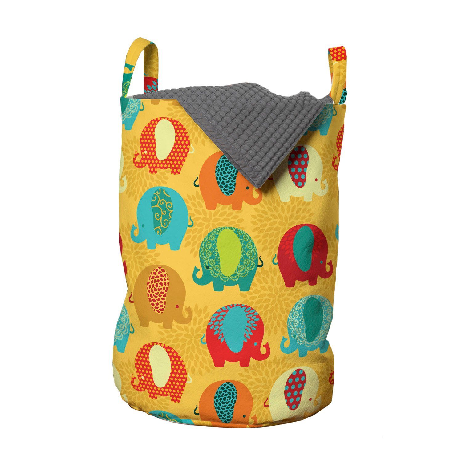 Abakuhaus Wäschesäckchen Wäschekorb mit Griffen Kordelzugverschluss für Waschsalons, Urwald Elefanten Ornamente