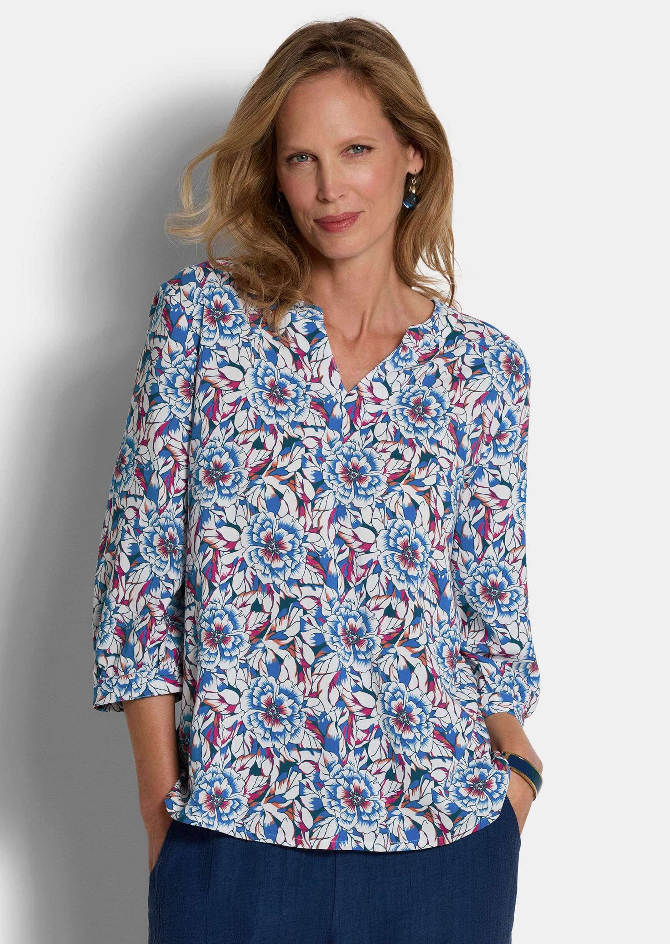 GOLDNER Schlupfbluse Viskosebluse mit floralem Muster Blusenshirt mit U-Boot- und V-Ausschnitt, sowie 3/4-Arm