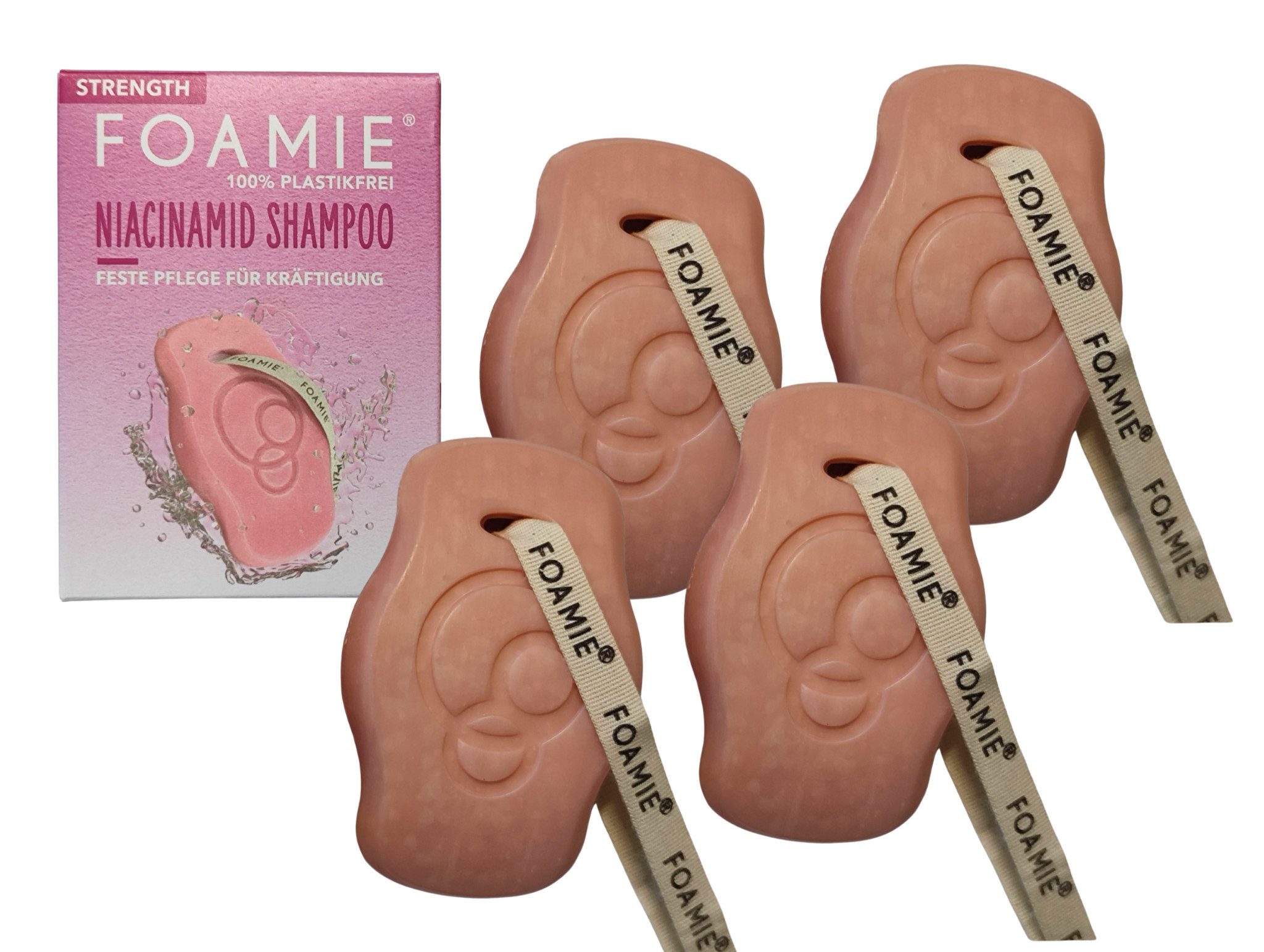 FOAMIE Festes Haarshampoo 4 x Foamie Festes Shampoo ohne Plastik Niacinamid, kraftloses Haar 80g, Set, 4-tlg., Vegan, Tierversuchsfrei, ohne Silikone, Parabene, Sulfate