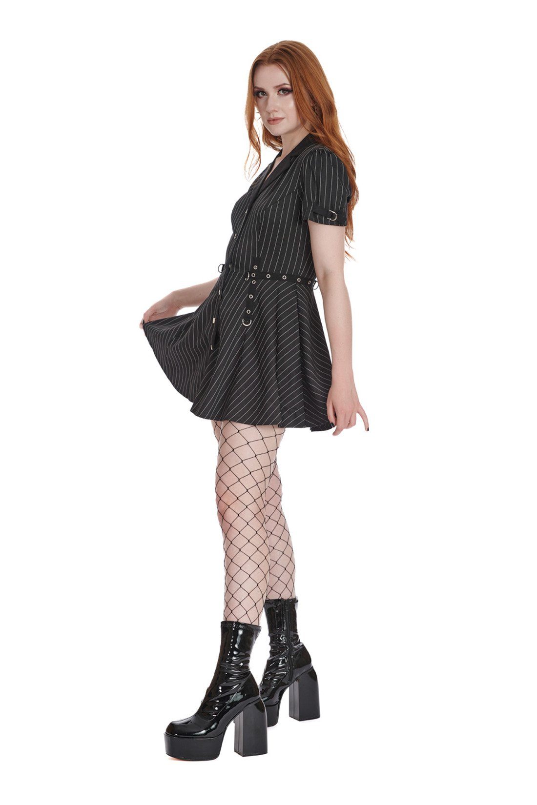 Banned A-Linien-Kleid Black Core Button Up Nadelstreifen Goth Pin Stripe