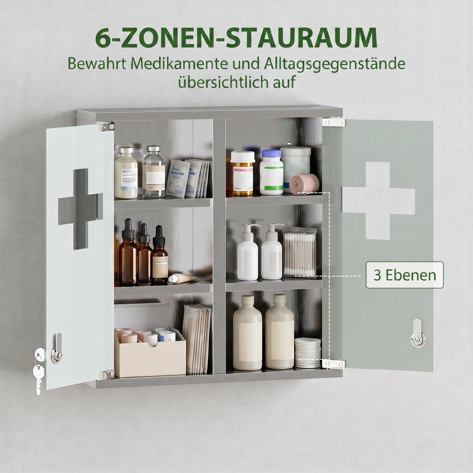 HOMCOM Medizinschrank mit 2 Schlüsseln (Set, 1-St., 1er Set) abschließbar, 6 Fächer, Milchglas – Bild 4 von 5
