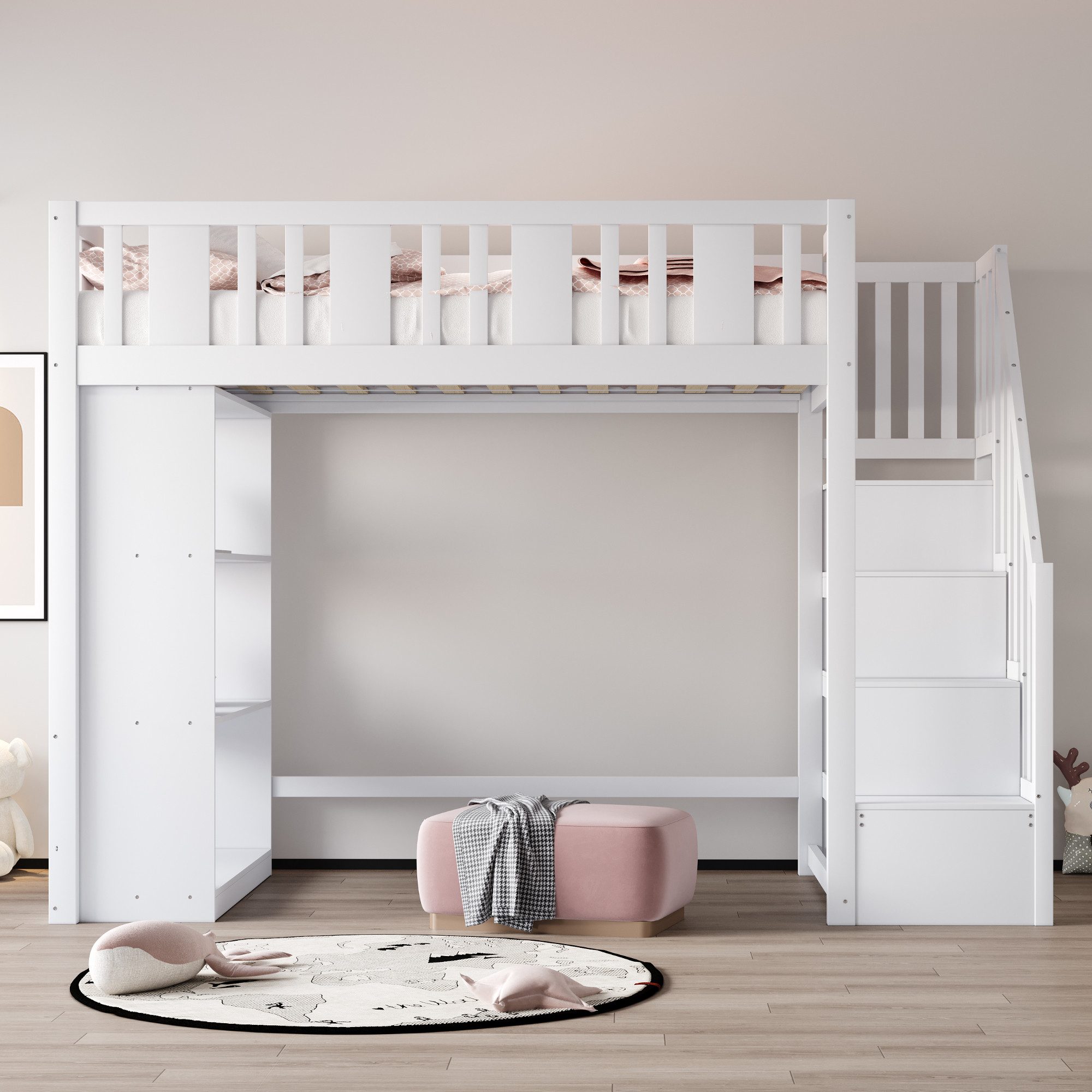 Flieks Hochbett Kinderbett 90x200cm mit Stauraumtreppe günstig online kaufen