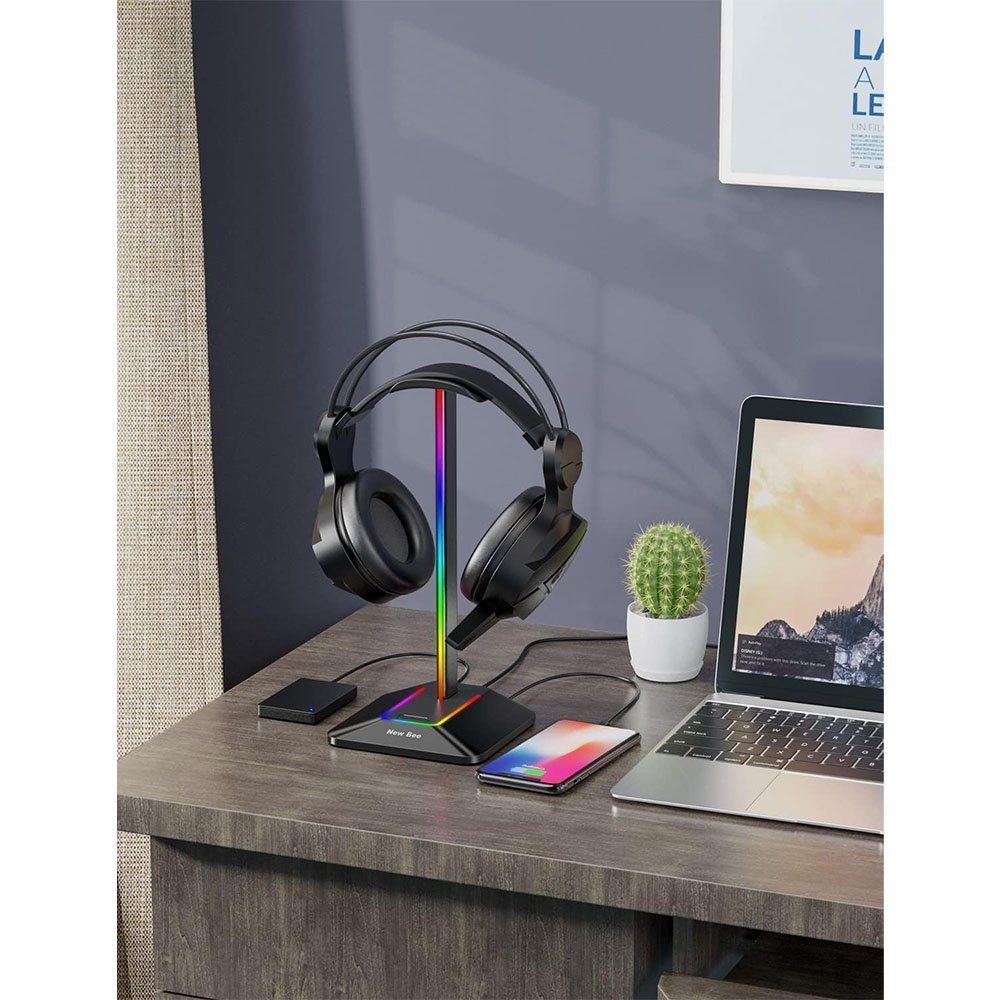 Gontence RGB-Kopfhörerständer mit USB-Typ-C-Ladegerät und Datenübertragung (Kopfhörerständer) Schwarz Kopfhörerständer