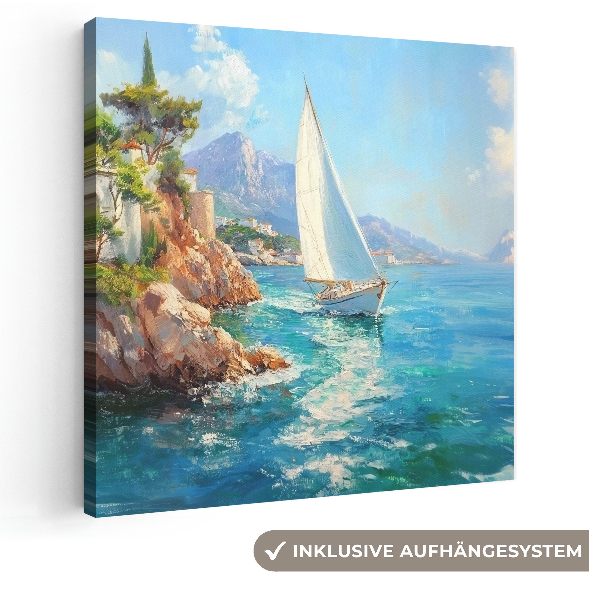 OneMillionCanvasses® Leinwandbild Segelboot - Felsen - Küste - Häuser, Fotodruck (1 St), Wandbild, Deko Schlafzimmer Wohnzimmer Flur 20x20 cm