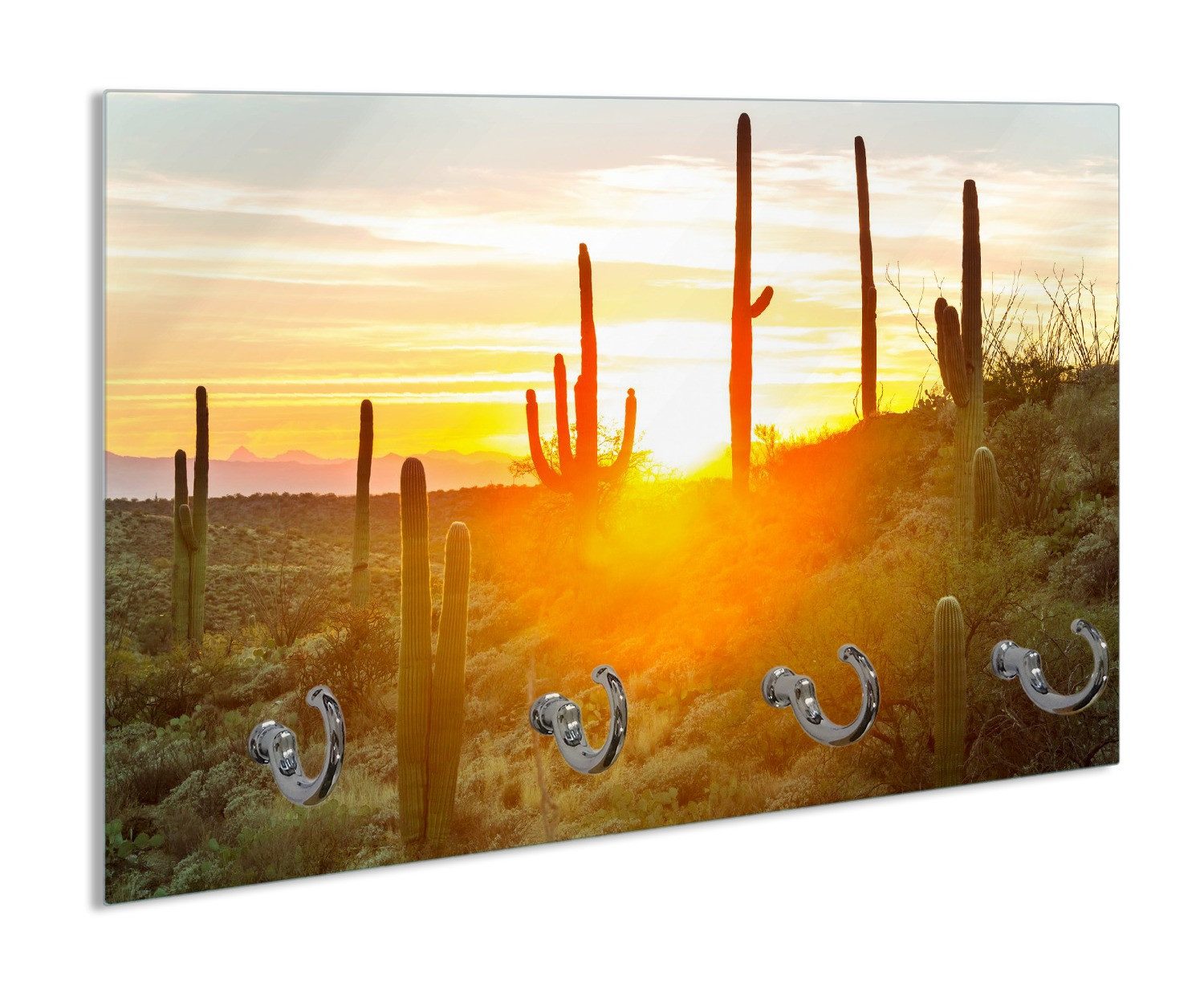 Wallario Handtuchhalter Sonnenaufgang in der Wüste, aus Glas mit 4 Metallhaken