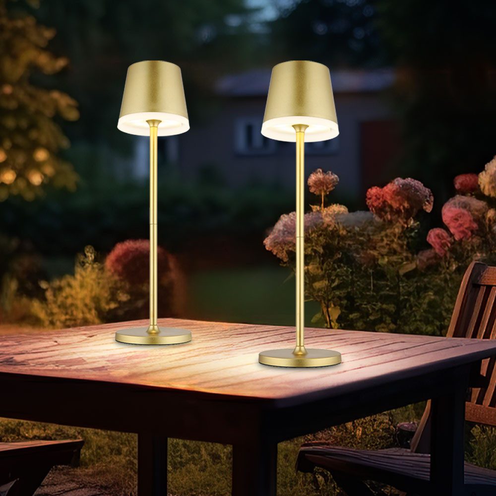 GLOBO LIGHTING LED Solarleuchte, LED-Leuchtmittel fest verbaut, Warmweiß, LED Tischleuchte Solarlampe Metall gold 2 Höhen möglich 2er Set