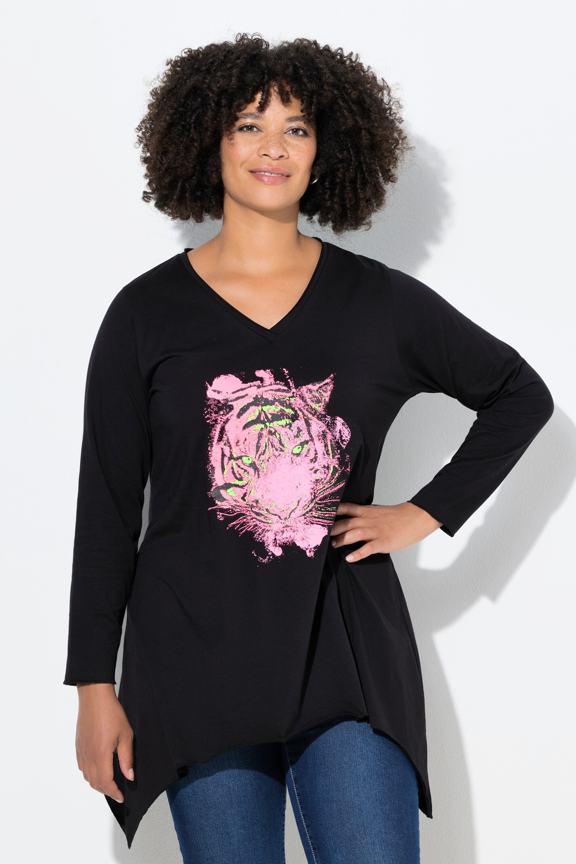 T-Shirt Langarmshirt A-Linie Neon Tigermotiv Zipfelsaum