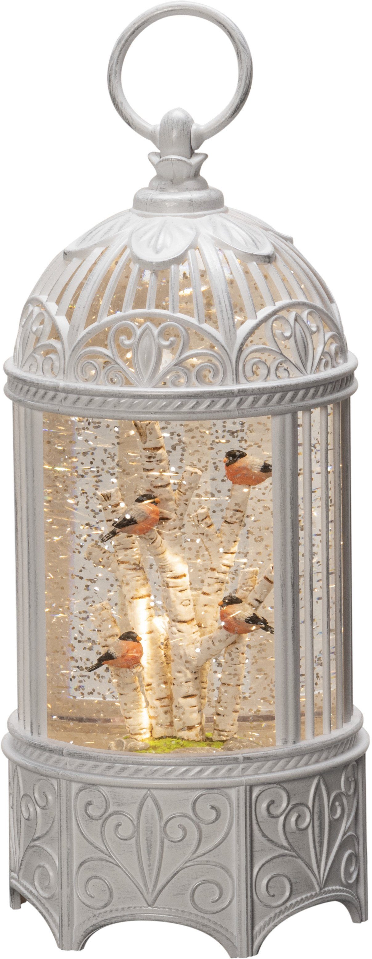 KONSTSMIDE LED Laterne Wasserlaterne Gimpel im Baum, Weihnachtsdeko, LED fest integriert, Warmweiß, wassergefüllt, 5h Timer, 1 warm weiße Diode