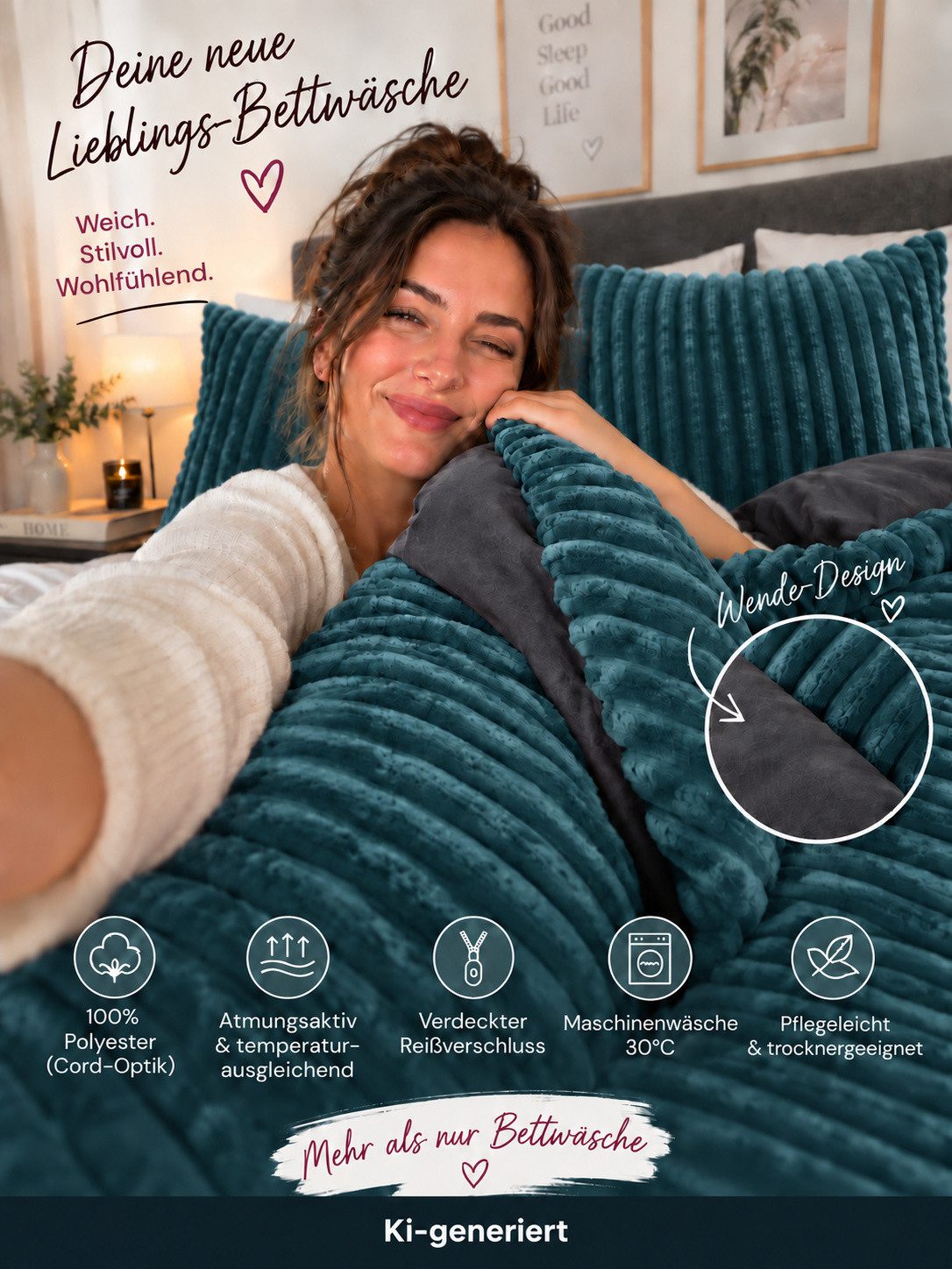 Leonado Vicenti Bettwäsche CORD Optik, Teddy Plüsch, Cashmere Touch, Fleece, 3 teilig, Winter, Wendeseite Anthrazit, flauschig, warm, Nicky-Plüsch – Bild 4 von 5