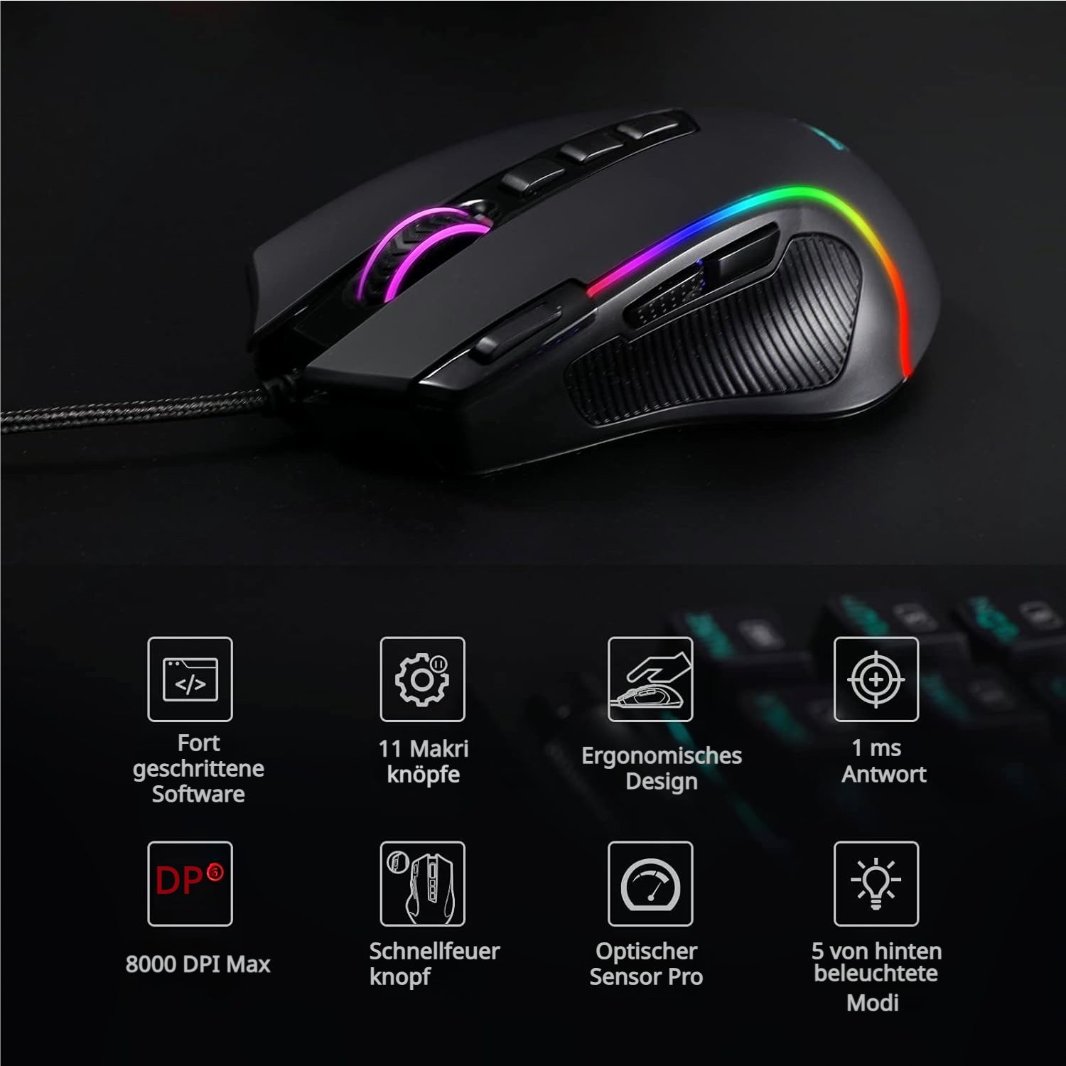 Redragon M612, 8000 DPI Kabelgebundene Optische mit 11 Programmierbaren Tasten Gaming-Maus (kabelgebunden)