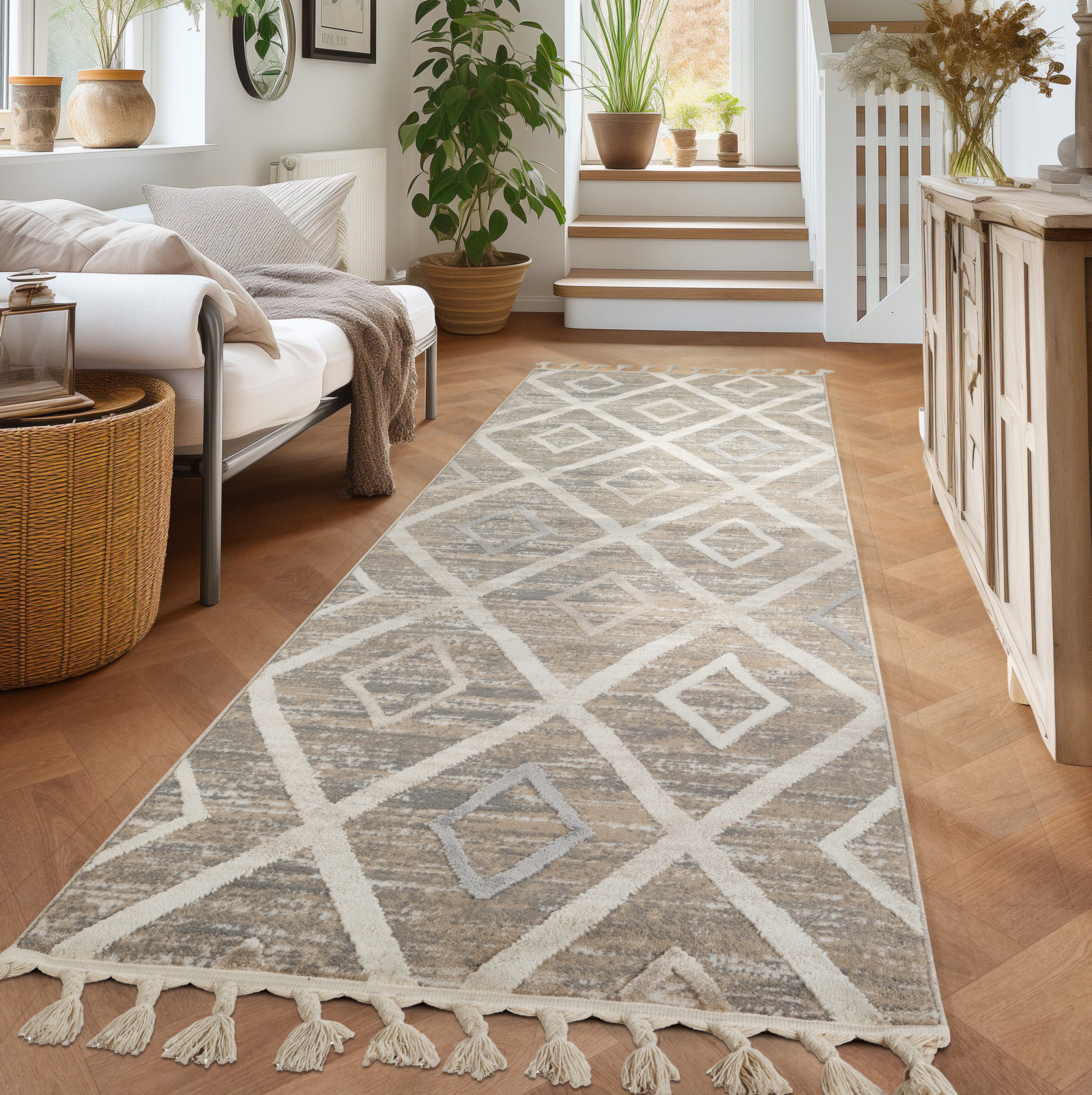 OTTO home Läufer Otilie, rechteckig, Höhe: 11 mm, dichte Qualität, Woll-Look, Boho, mit Fransen und Rauten, Scandi