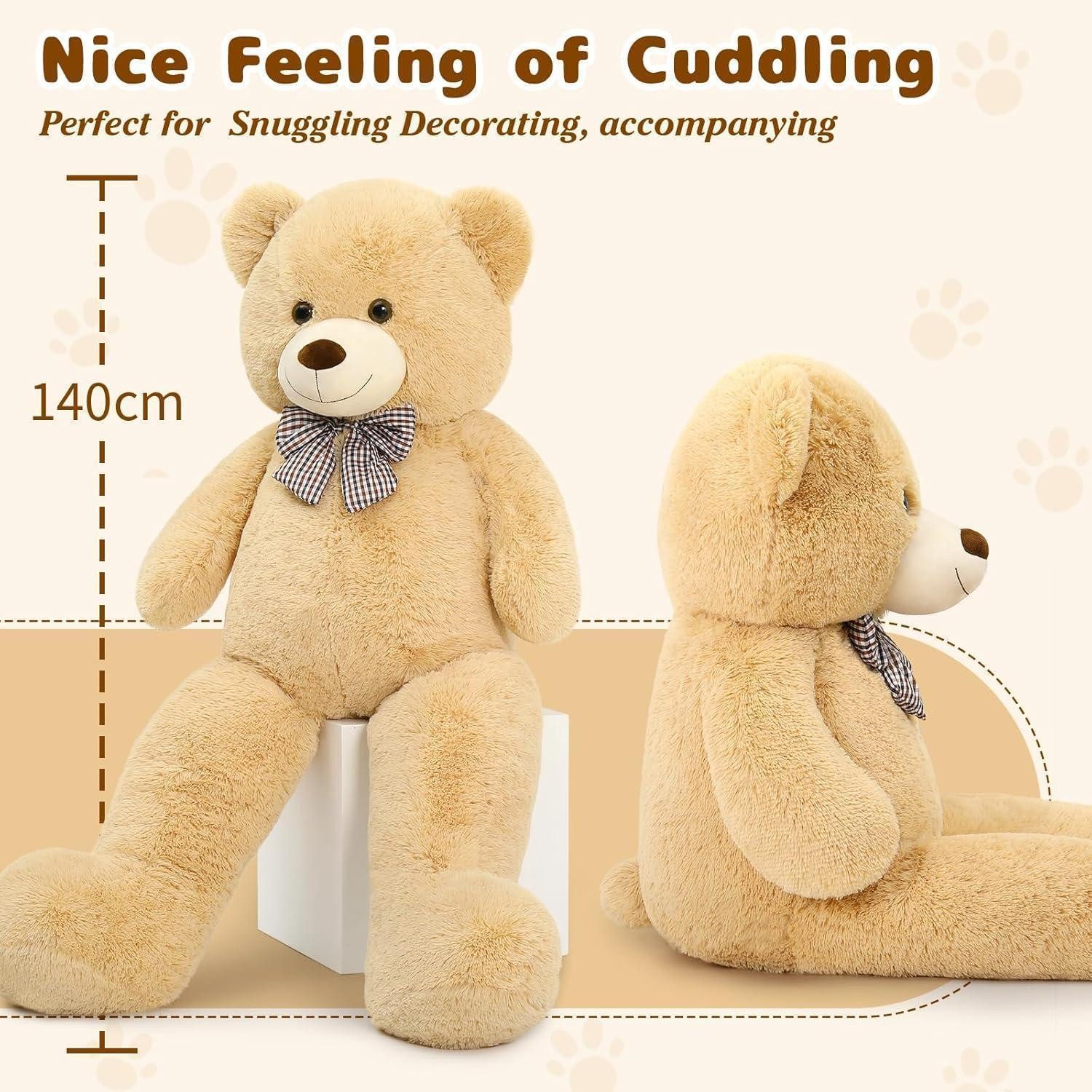 LuxusKollektion Kuscheltier Teddybär 140cm XXL Plüsch Kuscheltier Valentinstag Deko Hellbraun