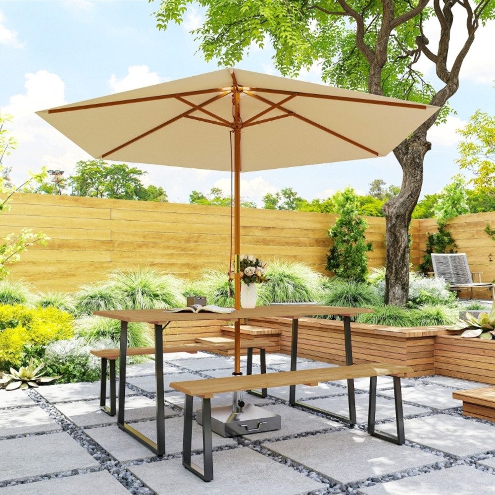 OKWISH Sitzgruppe 3‑tlg. 178x77x76 cm aus Holz mit Tisch & 2 Bänken für 6 Personen, (Set, 3-tlg., Schirmloch, Bänke ersetzen Einzelstühle – großzügige Sitzfläche), Sitzgruppe für Garten, Terrasse & großzügige Essbereiche