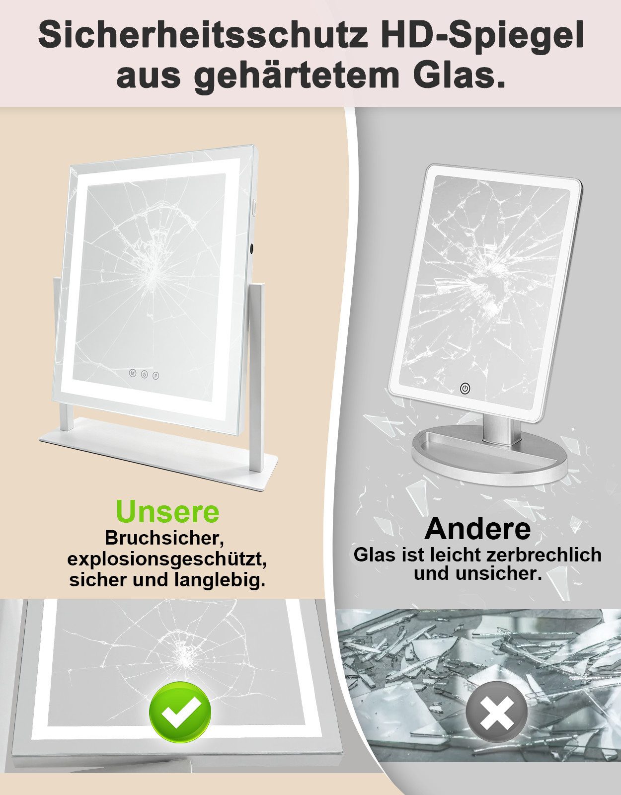 ZMH Schminkspiegel mit Beleuchtung, LED Kosmetikspiegel 3 Lichtfarben,Tischspiegel (dimmbar, Touch, Memory-Funktion), USB-Anschluss – Bild 3 von 5