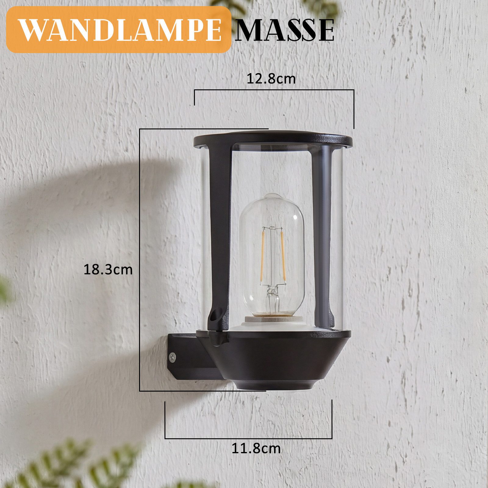 ZMH Außen-Wandleuchte Schwarz,E27 Wandlampe aus Aluminium und Glas, max. 40 W, für Hauswand, E27, ohne Leuchtmittel, Hochtransparenter Glasschirm für klare Lichtwirkung