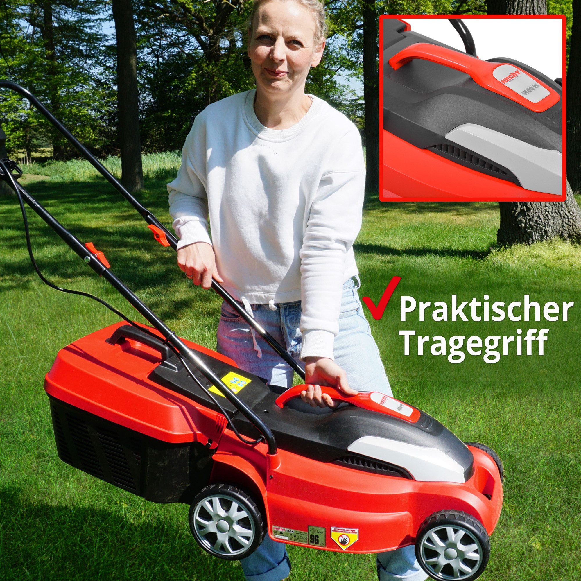Hecht Elektrorasenmäher 1434 mit 35L Fangkorb, 34 cm Schnittbreite, 1400W, 25-65 mm Schnitthöhe