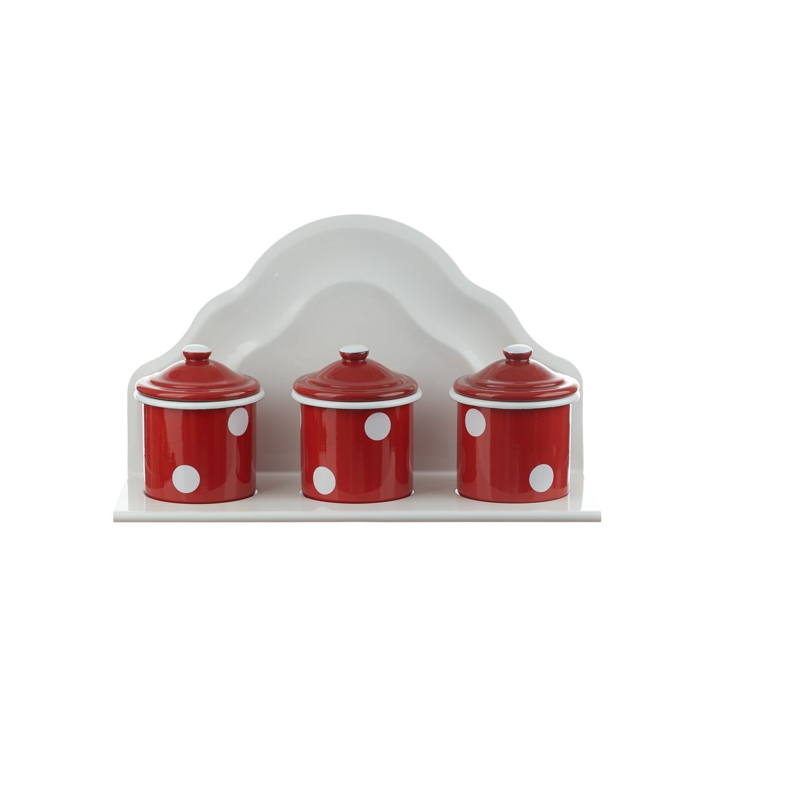 Neuetischkultur Wandregal Küchenregal Emaille, 3 Dosen Retro, 4-tlg., Vorratsdosen Emaille Küchendose Rot, Weiß