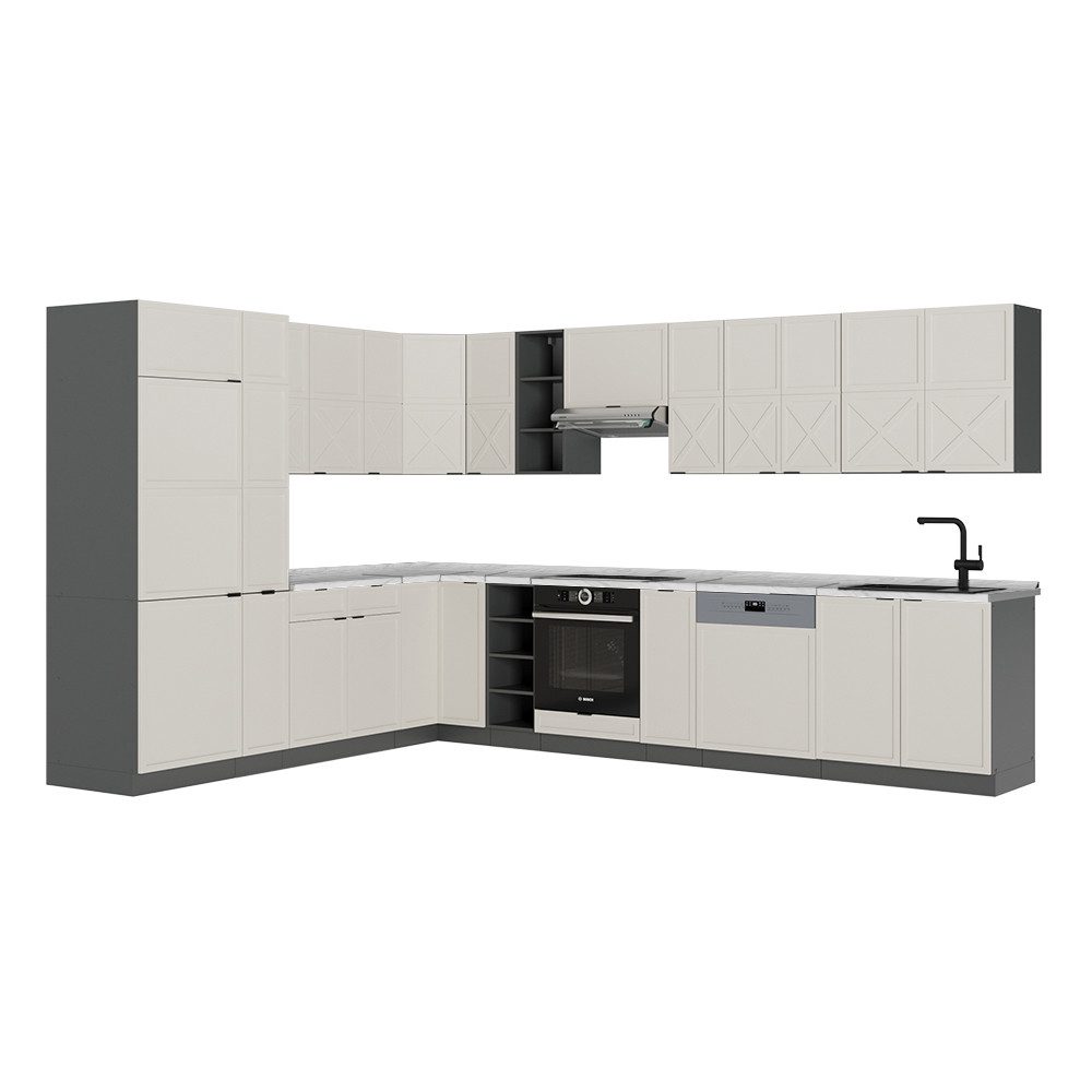 Vicco Winkelküche Fame-Line, GrauBeige/Anthrazit/Anthrazit, 347 x 257 cm, AP Marmor