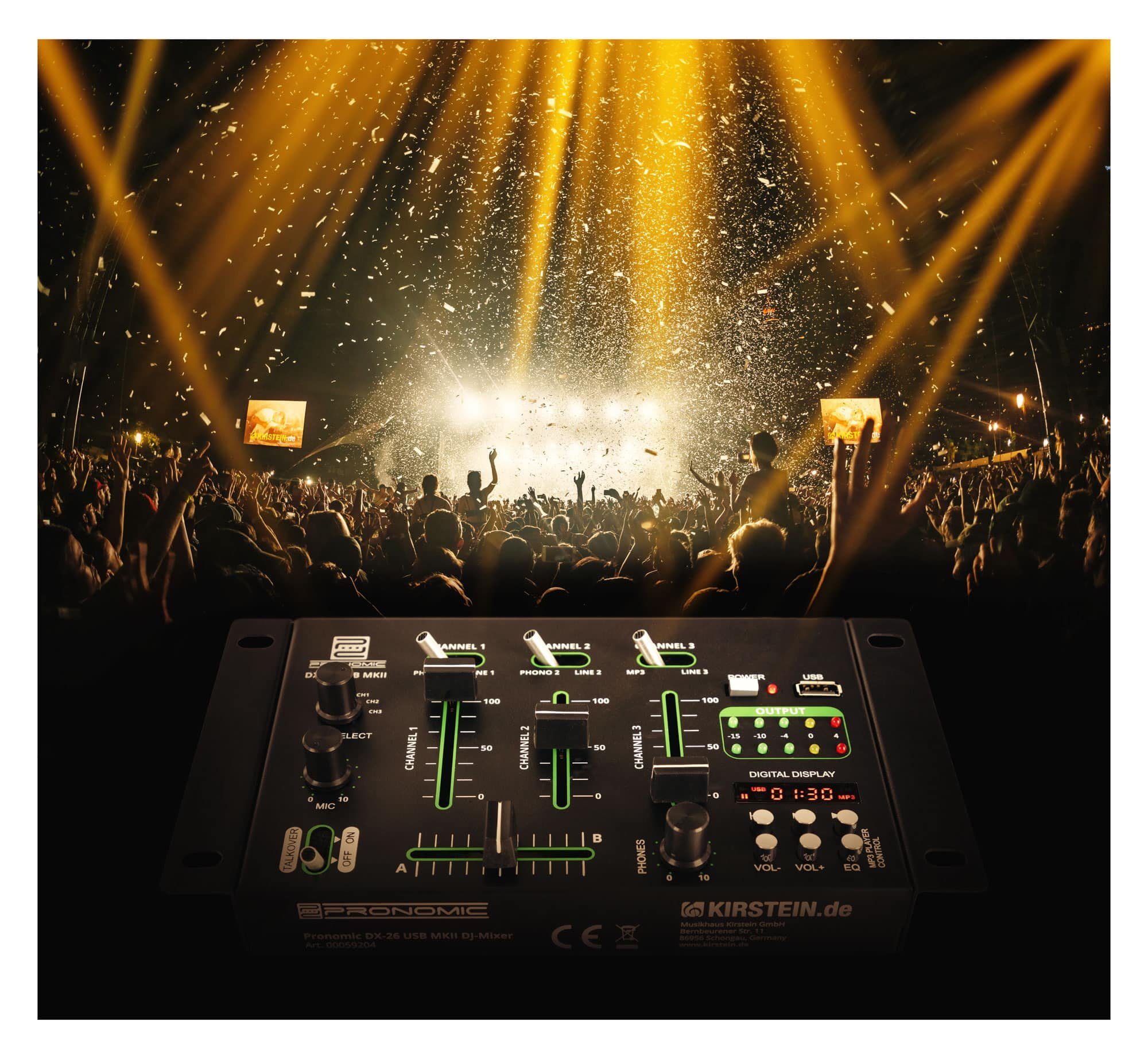 Pronomic DJ Controller DX-26 USB MKII DJ-Mixer - 3-Kanal Mischer mit Cue-Funktion, (Talkover-Funktion), MP3-Player - 2x Line/Phono - 2x Mikrofonanschluss