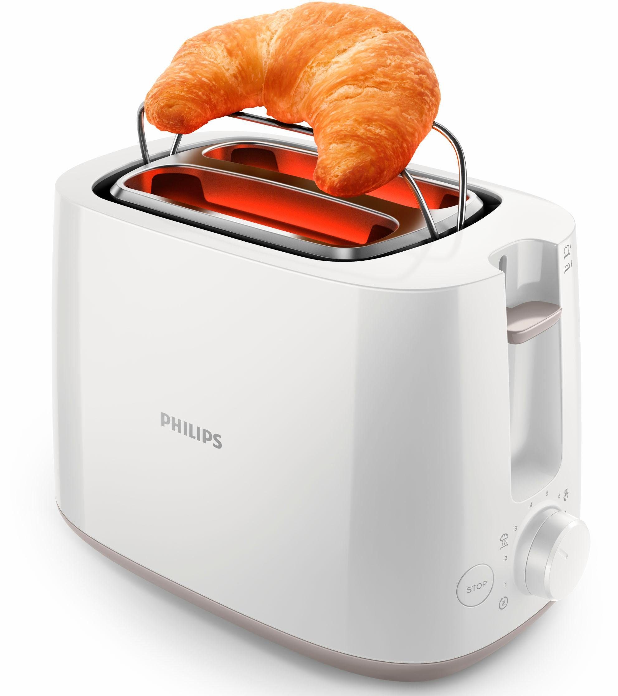 Philips Toaster HD2581/00, 2 kurze Schlitze, 830 W, integrierter Brötchenaufsatz, weiss