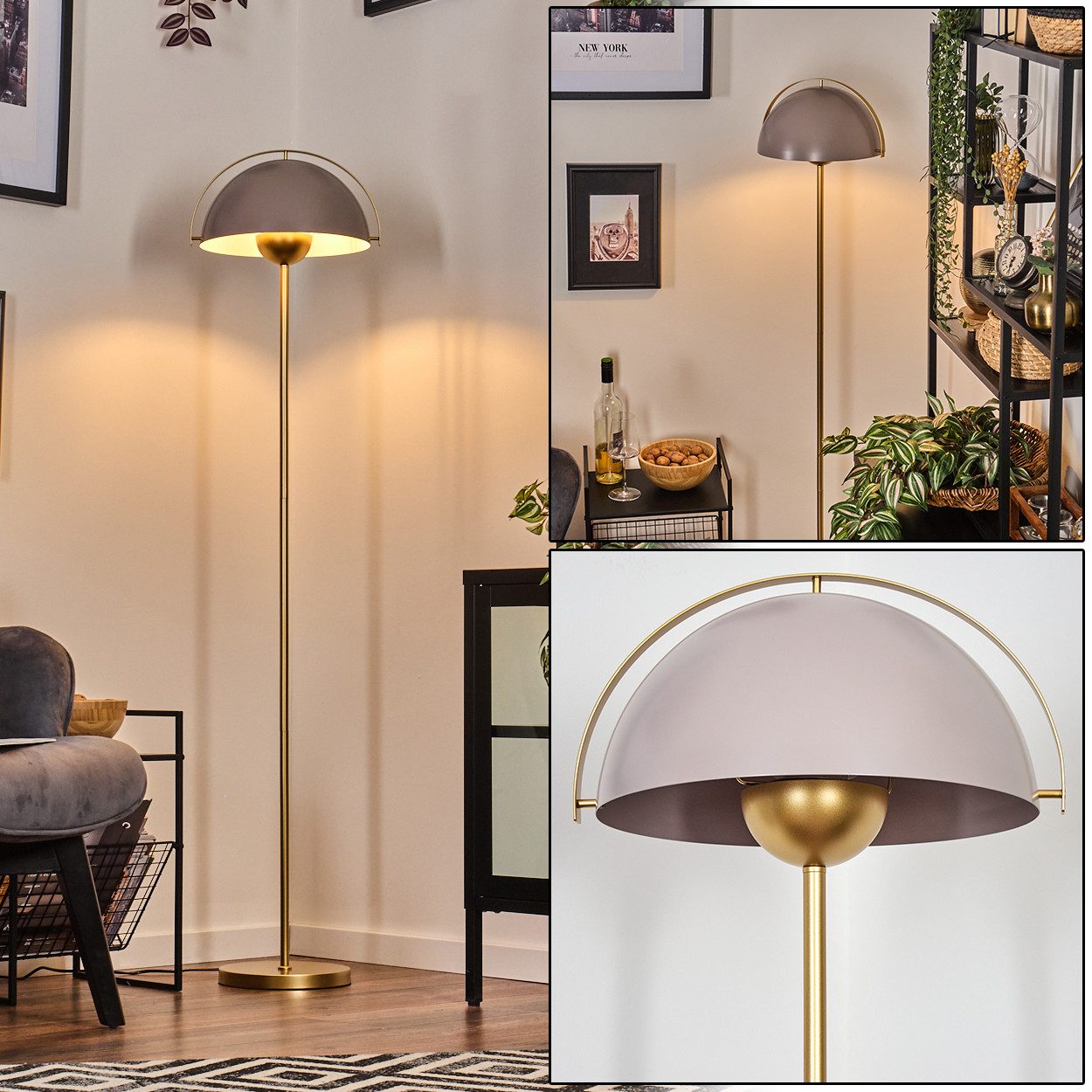 Stehlampe Stehlampe aus Metall in Goldfarben/Taupe mit Fußschalter