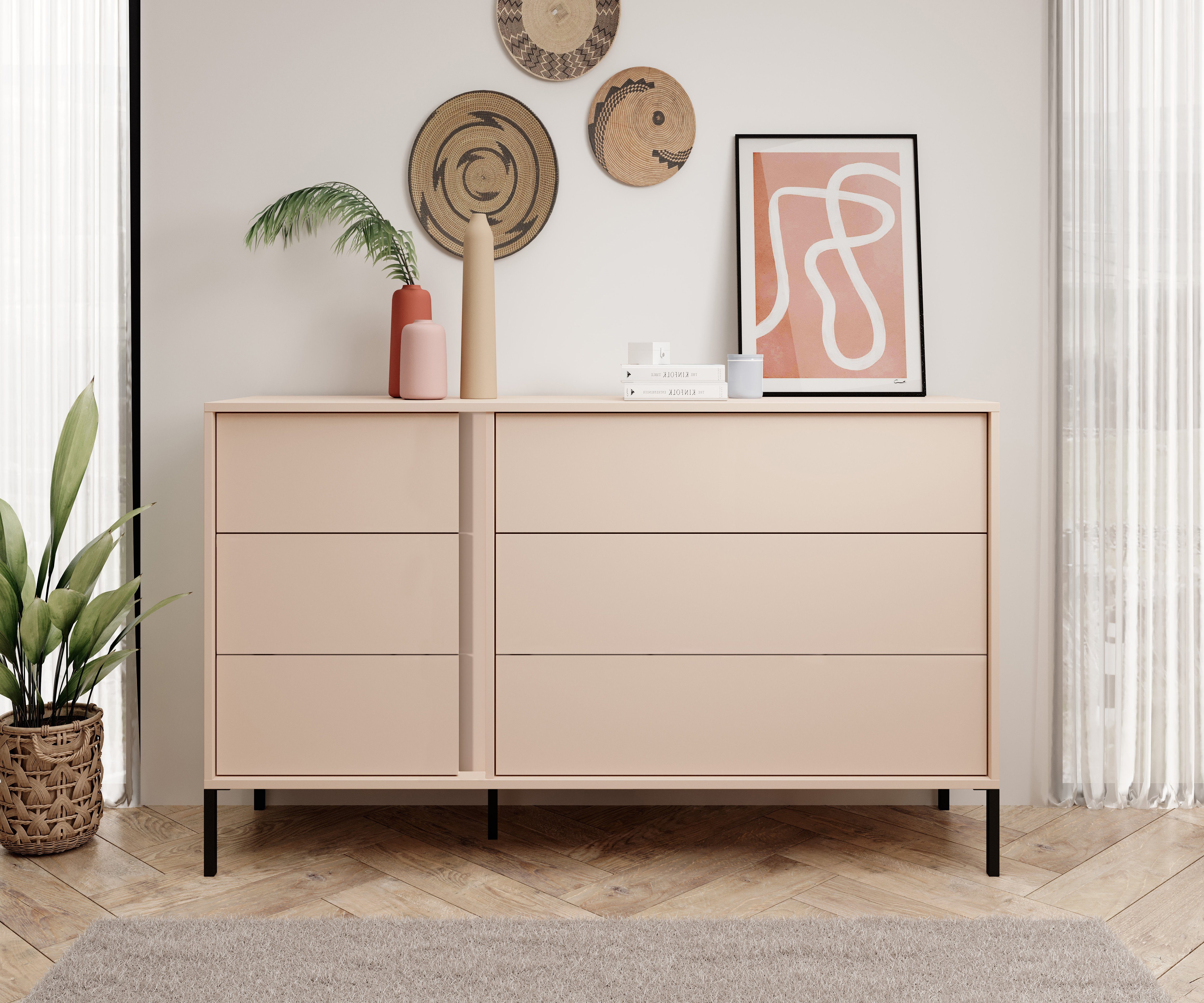 Furnix Sideboard DASTIA 1386S Kommode mit schwarzen Metallfüßen, elegante Kommode, mit 6 Schubladen, B137,3 x H81,4 x T39,5 cm, Made in Europe