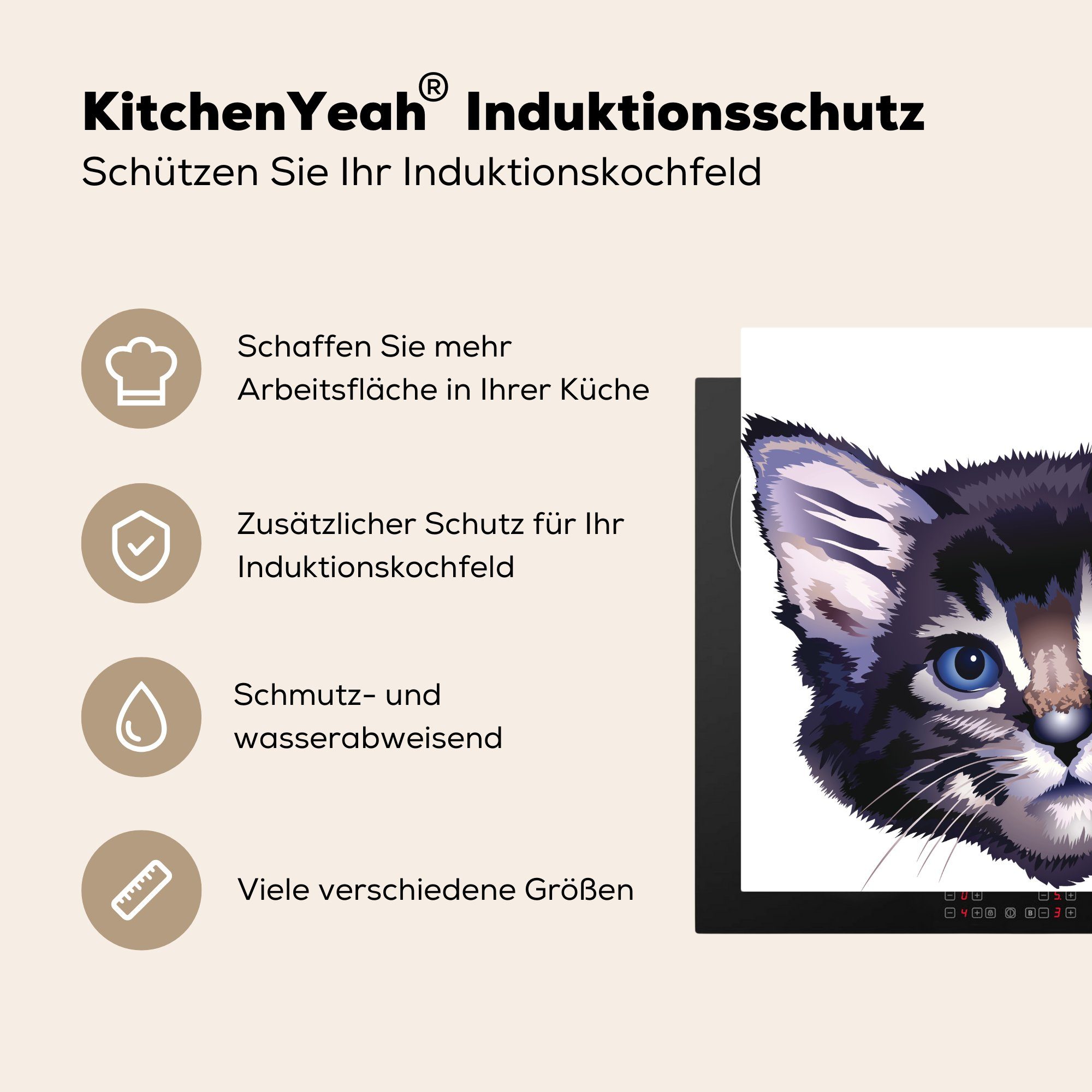 Illustration Vinyl, cm, (1 Herdblende-/Abdeckplatte für küche blauen mit tlg), Arbeitsplatte einer Die Katze 78x78 Ceranfeldabdeckung, MuchoWow Augen,