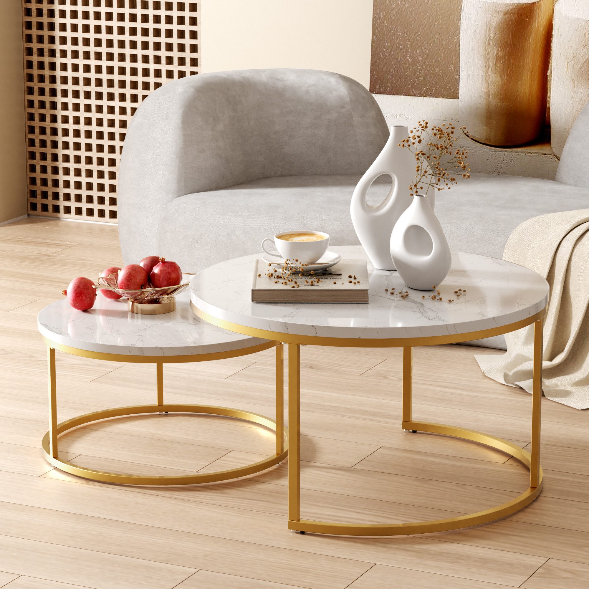 MODFU Couchtisch Couchtisch-Set 2-tlg. 80x45 cm & 60x33,5 cm in Marmoroptik (Moderner Couchtisch-Set - Hochwertiges MDF, 2-St., 2er Set Couchtisch Weiß+Gold – Marmor-Look & stabiles Metallgestell), MDF-platte wasserabweisend, leicht abwischbar – ideal für Alltag