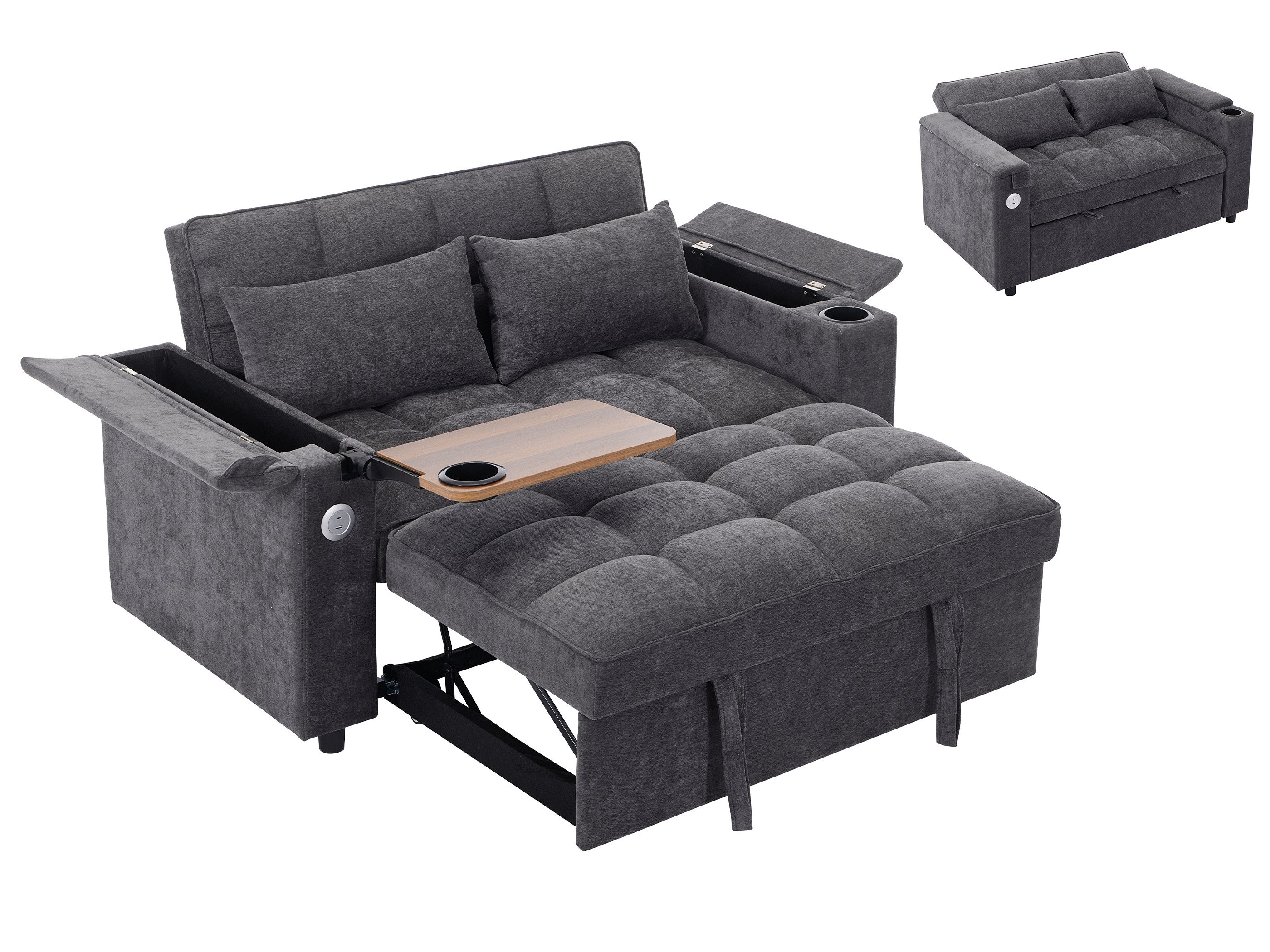 SeedWave Schlafsofa 2-Sitzer Klappsofa mit Ausziehbarer Liegefläche, 3 Liegepositionen, Versteckter Beistelltisch, Becherhalter, USB-/Type-C Anschlüsse