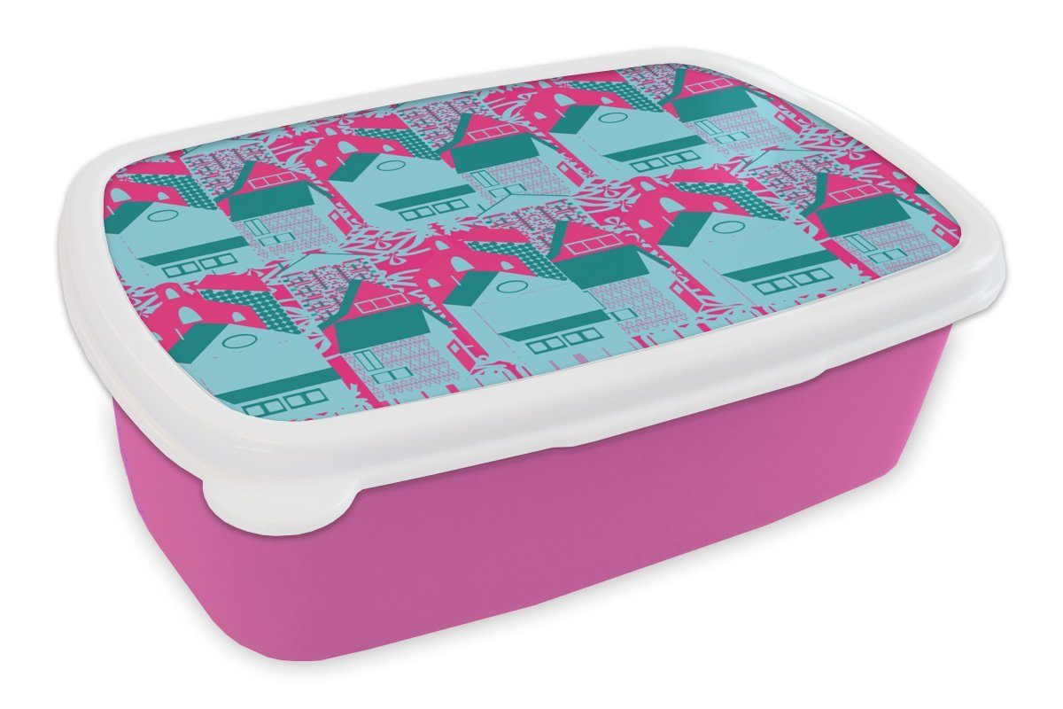 MuchoWow Lunchbox Muster - Abstrakt - Haus, Kunststoff, (2-tlg), Brotbox für Erwachsene, Brotdose Kinder, Snackbox, Mädchen, Kunststoff rosa