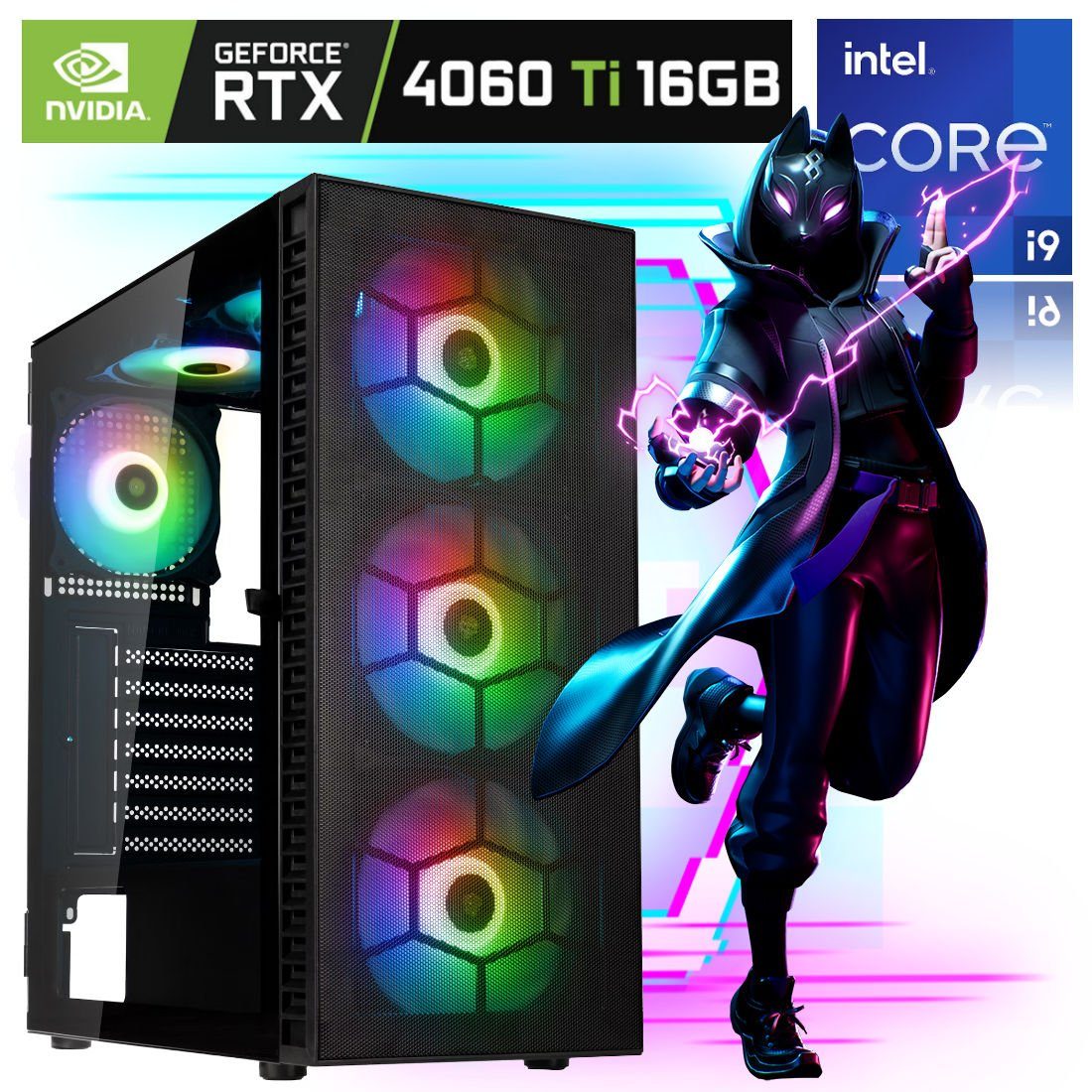 Meinpc Firestorm i9 RTX 4060 16G Gaming-PC (Intel Core i9, GeForce RTX 4060 Ti 16GB, 32 GB RAM, 1000 GB SSD, RGB Tower, Windows 11 Pro, Gaming, Gamer, RGB)