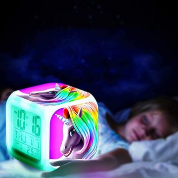 HYTIREBY Wecker Einhorn-Digitalwecker mit 7 farbwechselnden LED-Nachtlichtern