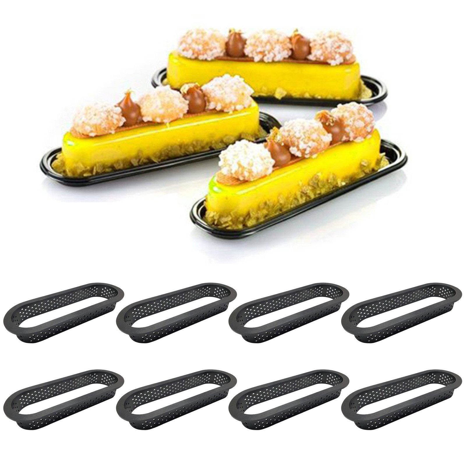 HAUSS SPOLE Brotbackform 8er Muffinform-set Süßspeisenform Rechteckig für Kuchen Dessertform, (perforierte Tarte‑ & Kuchenringe oval 8-tlg), Profi Backzubehör für Tartes Quiche Mini‑Kuchen Pies Cheesecake