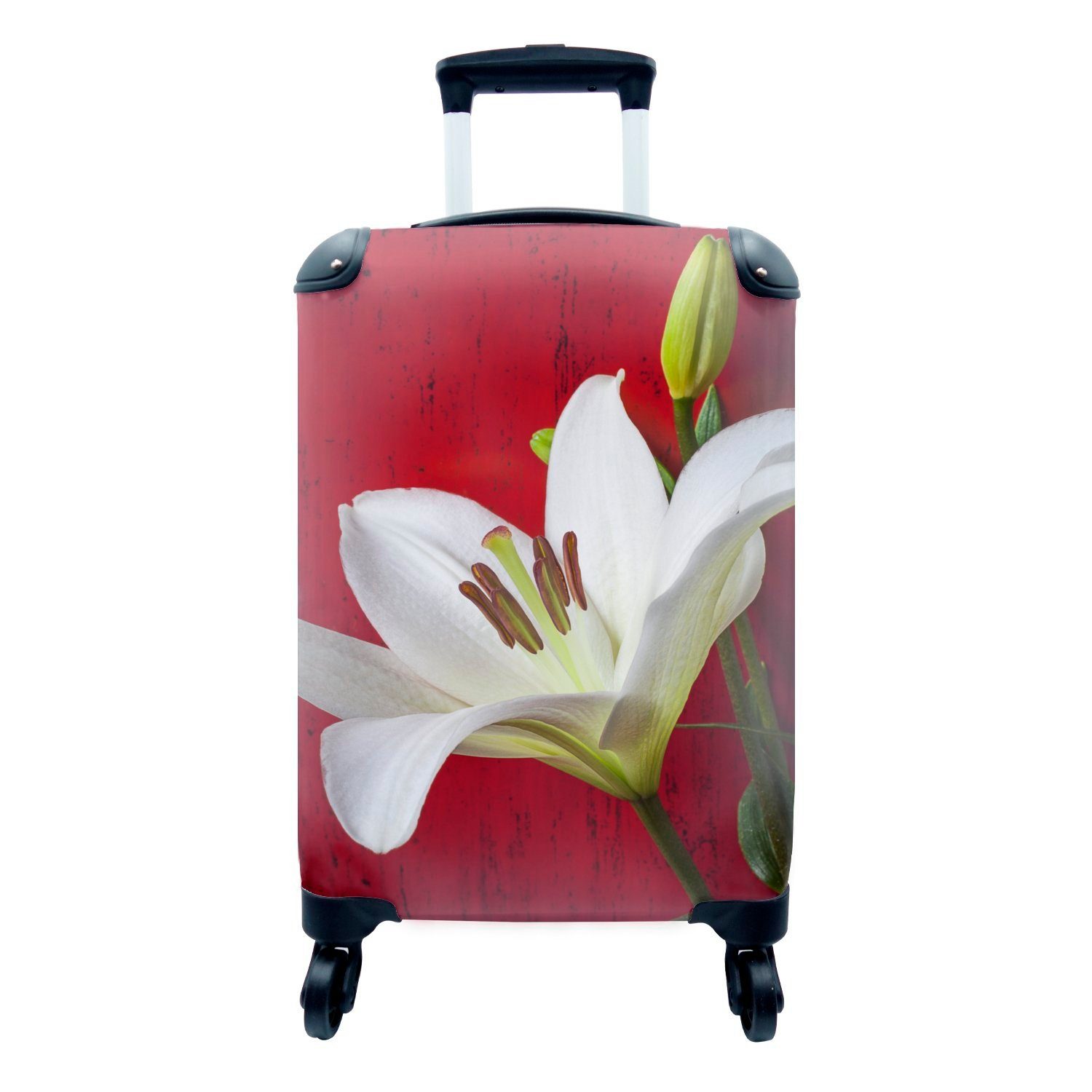 MuchoWow Handgepäckkoffer Weiße Lilie vor einer roten Wand, 4 Rollen, Reisetasche mit rollen, Handgepäck für Ferien, Trolley, Reisekoffer