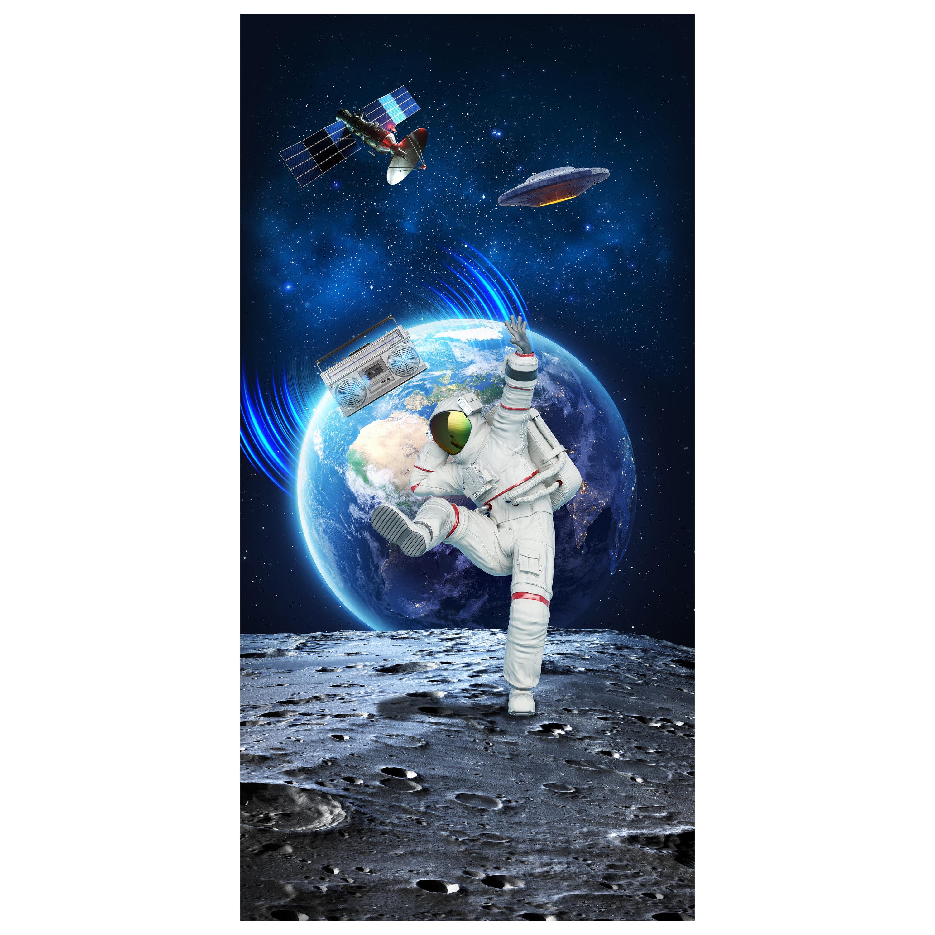 wandmotiv24 Türtapete tanzender Astronaut auf Mond, Weltraum, glatt, Fototapete, Wandtapete, Motivtapete, matt, selbstklebende Dekorfolie