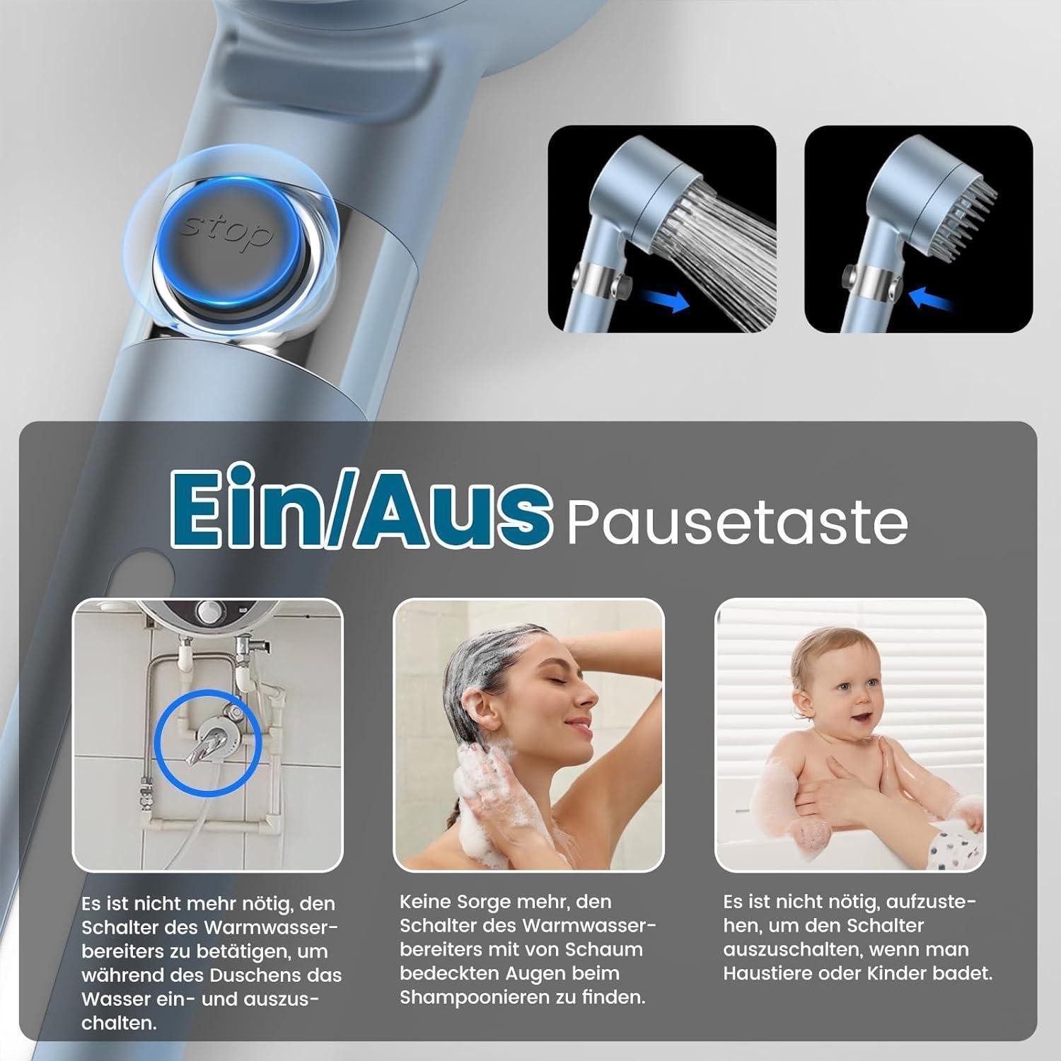 LuxusKollektion Handbrause Hochdruck-Duschkopf mit Filter, wassersparend, 4 Sprühmodi, 1,5m – Bild 4 von 5
