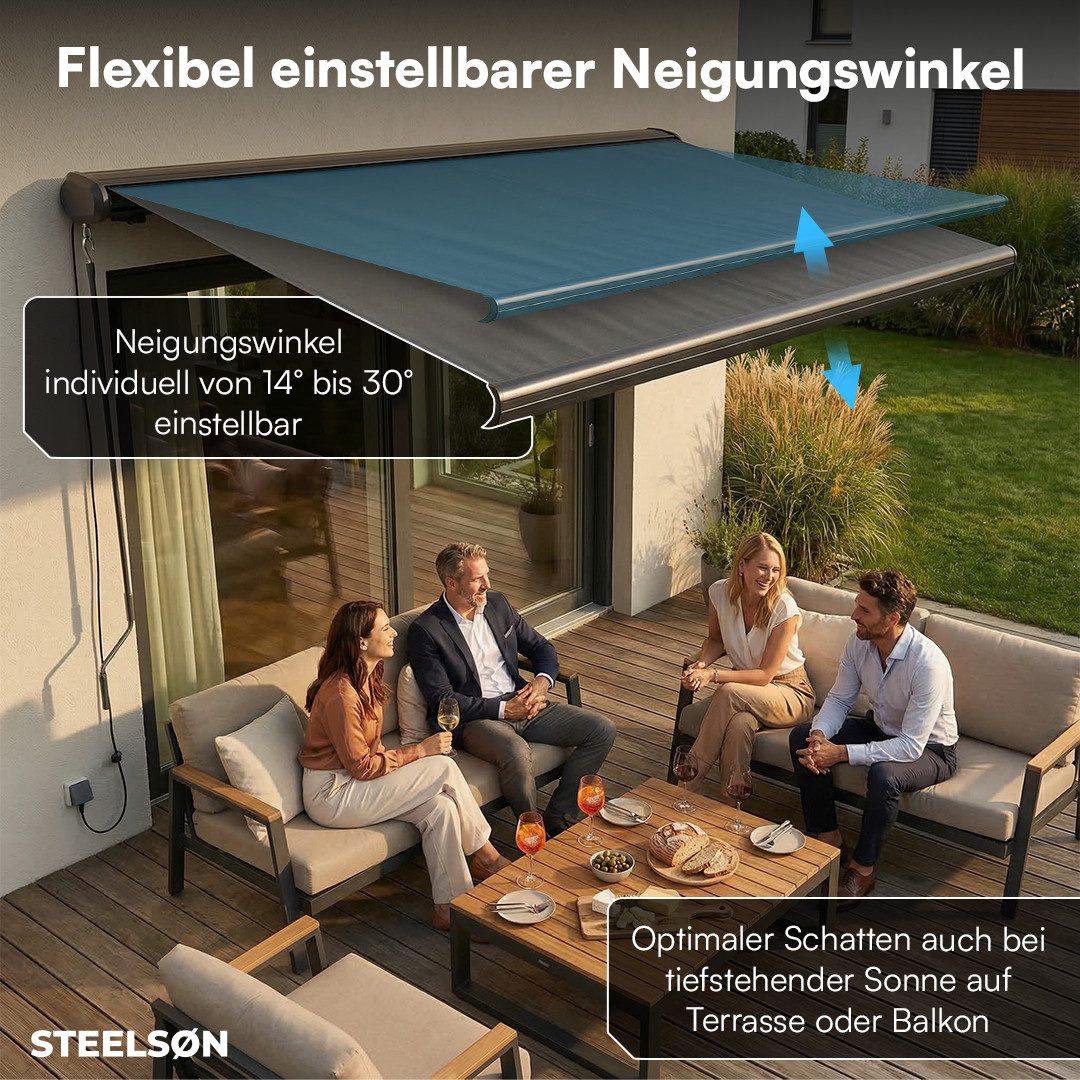 STEELSØN Kassettenmarkise Kestria, elektrische Vollkassettenmarkise vormontiert (300x250 cm) Sonnenmarkise inkl. Fernbedienung & Wandhalterung, wetterfest