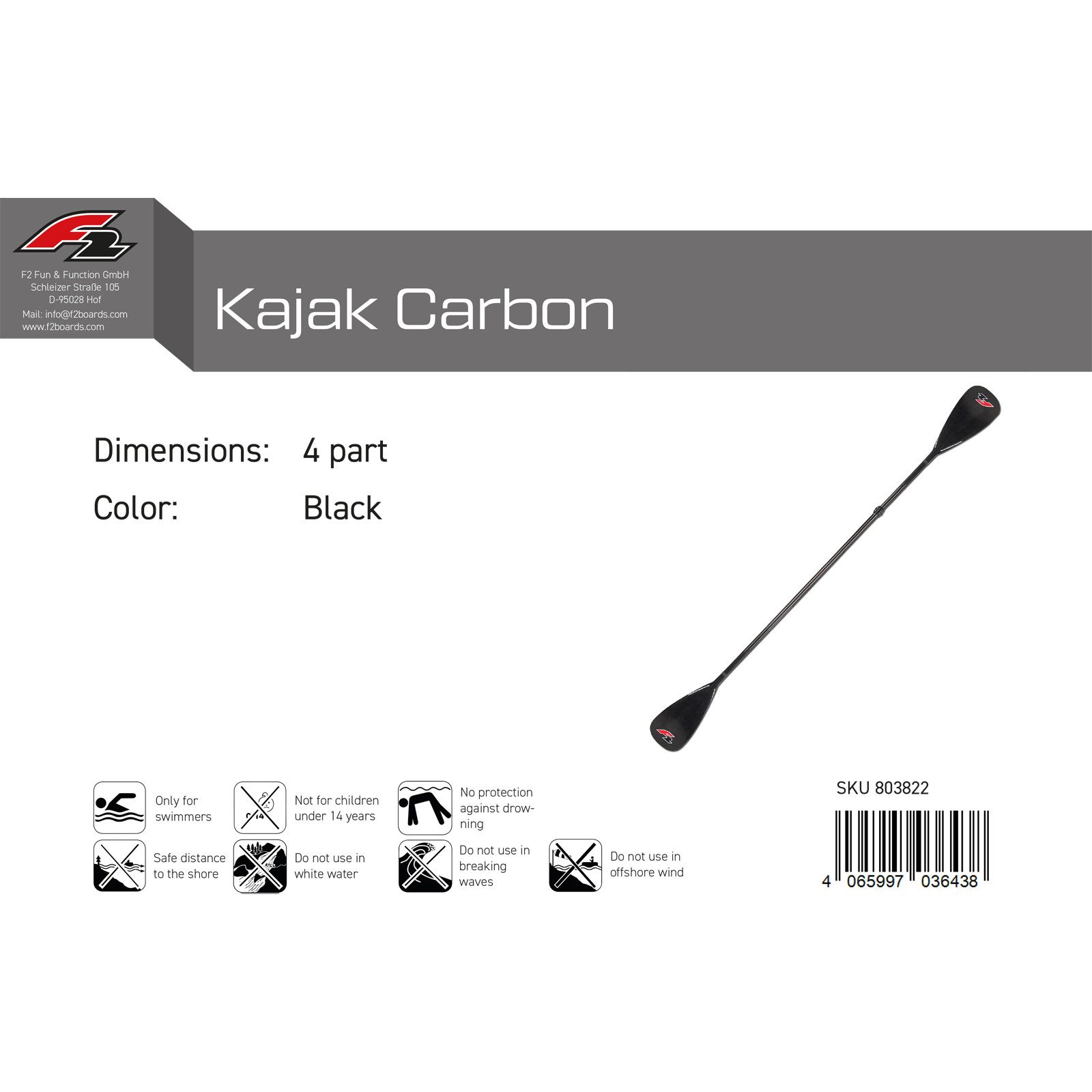 F2 F2 SUP Paddel Kajak Carbon 4 teilig Schwarz 2024/25 SUP-Paddel