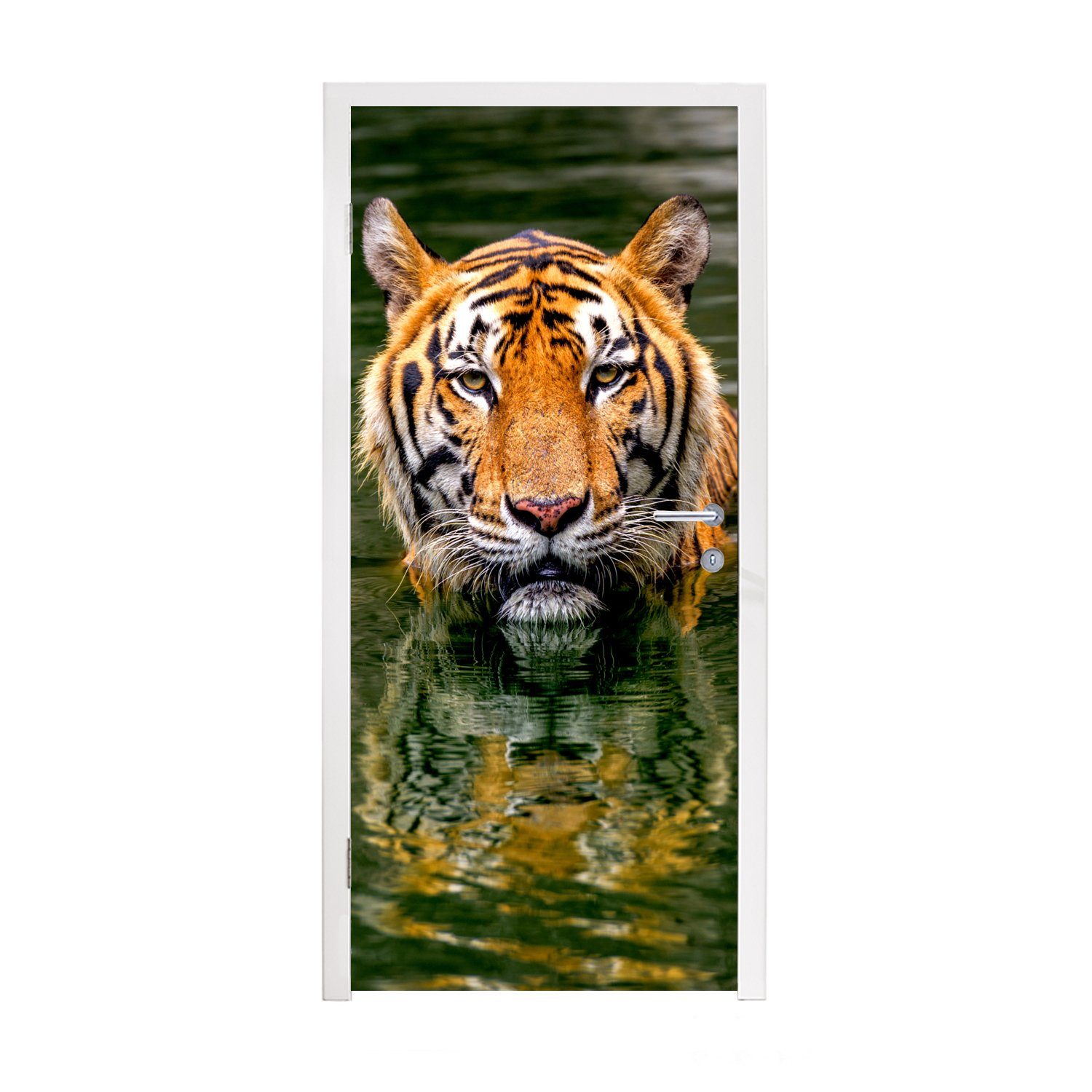 MuchoWow Türtapete Tiger - Wasser - Spiegelung, Matt, bedruckt, (1 St), Fototapete für Tür, Türaufkleber, 75x205 cm