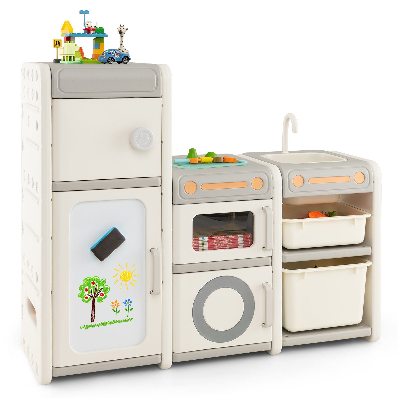 COSTWAY Kinderregal Spielzeugregal, mit 4 Schränke, 1 Aufbewahrungsbox