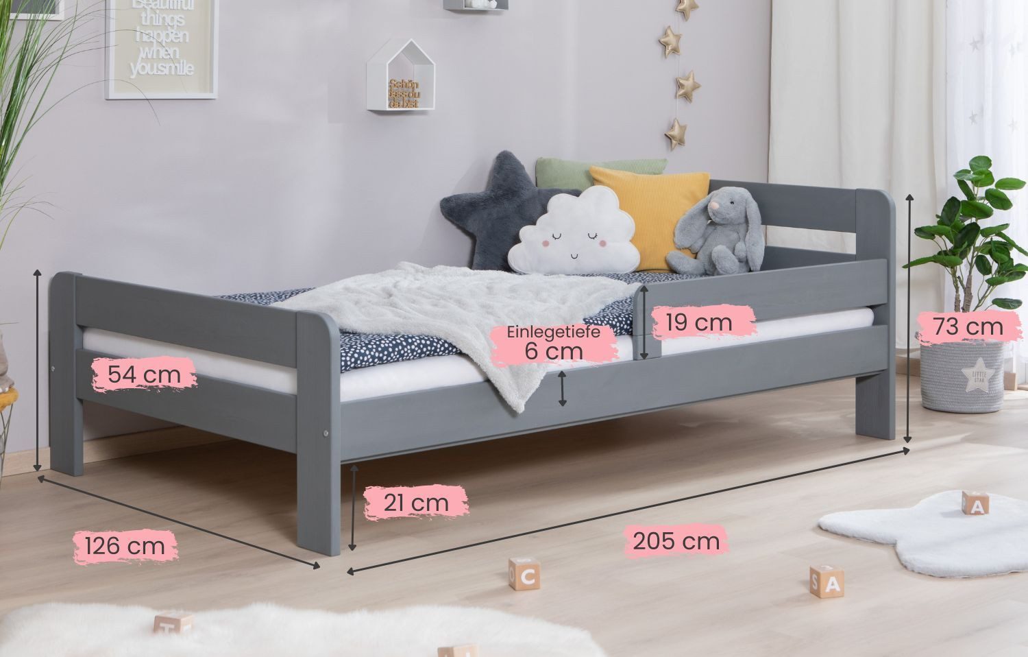 Ticaa Bettgestell Einzelbett Kinderbett Jugendbett "Bennet" mit, Einzelbett inkl. Rausfallschutz – Bild 4 von 5
