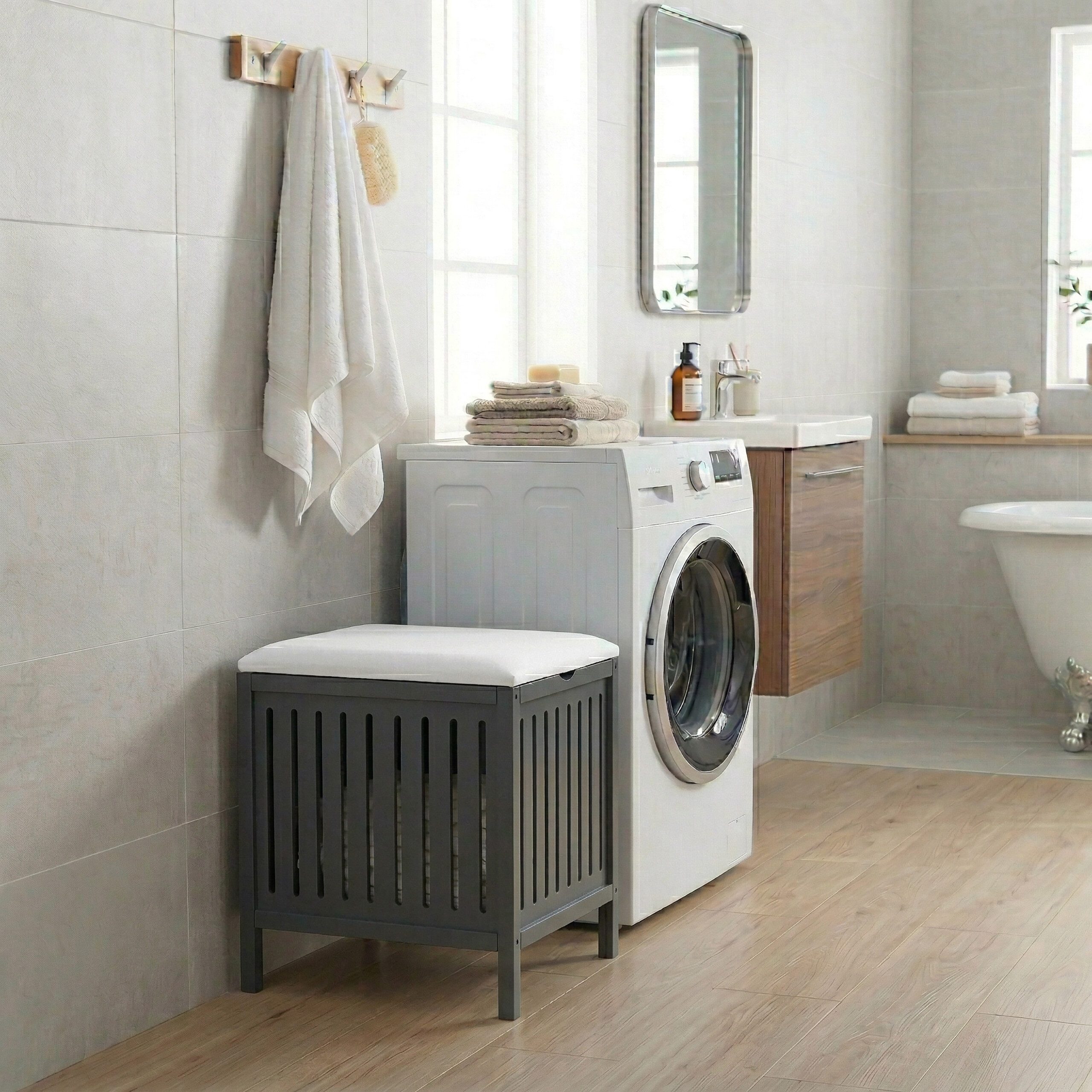 relaxdays Wäschebox Wäschekorb zum Sitzen Walnussholz, Grau-Weiß