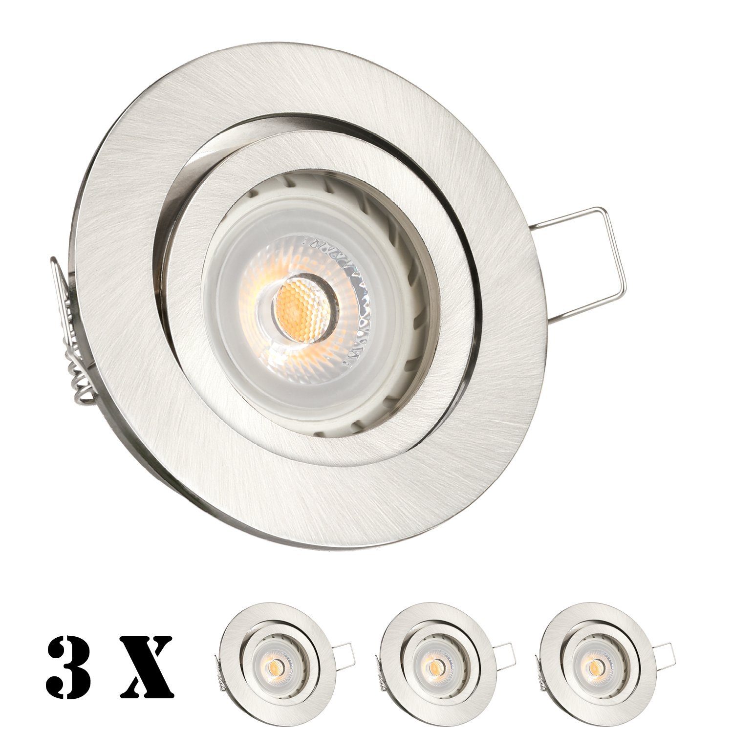 LEDANDO LED Einbaustrahler 3er LED Einbaustrahler Set Silber gebürstet mit LED GU10 Markenstrahle