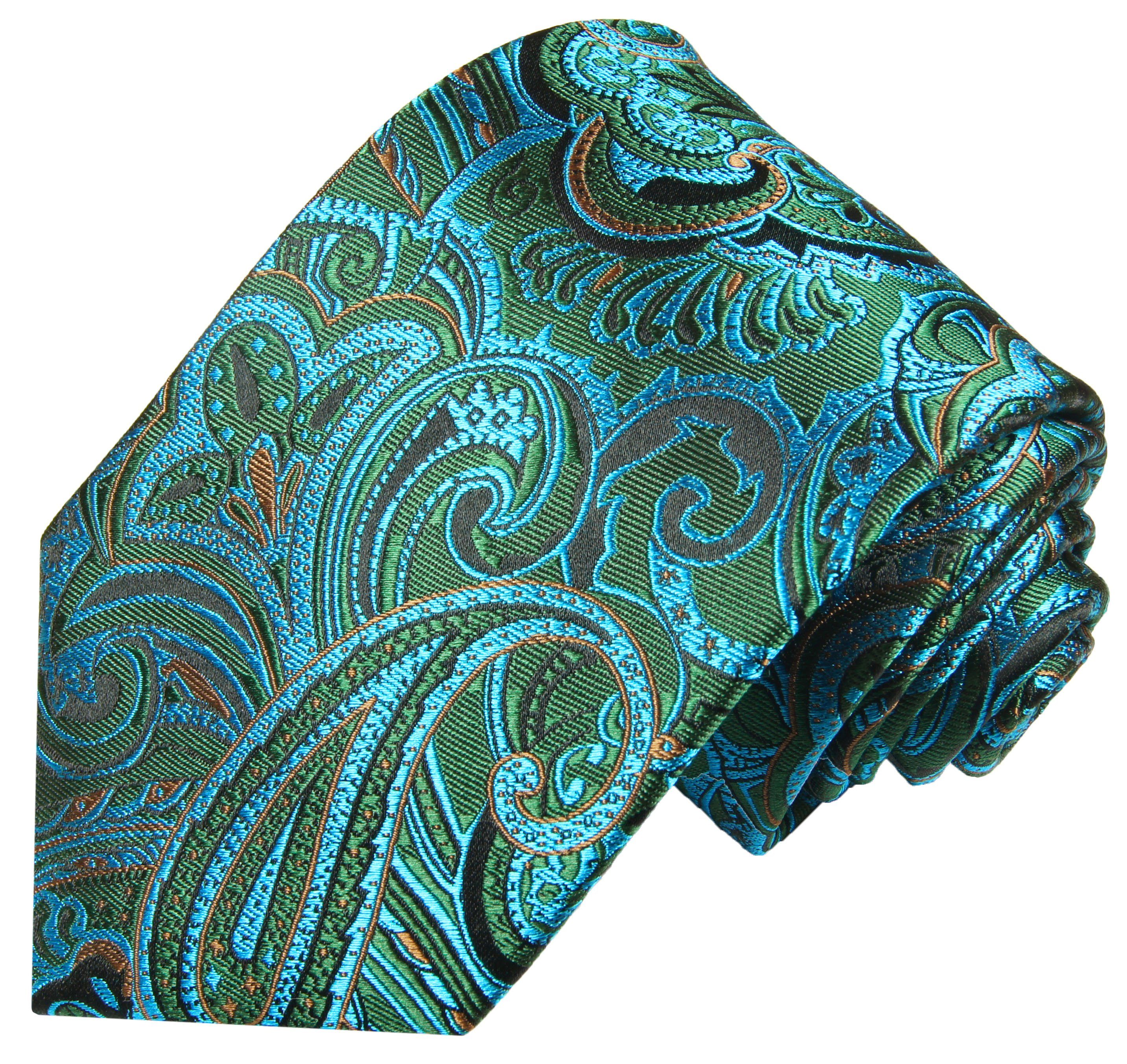 Paul Malone Krawatte Herren Einstecktuch) mit Seidenkrawatte 2008 türkis (Set, 100% blau modern (8cm), grün Tuch Breit 2-St., Schlips mit Seide Krawatte paisley